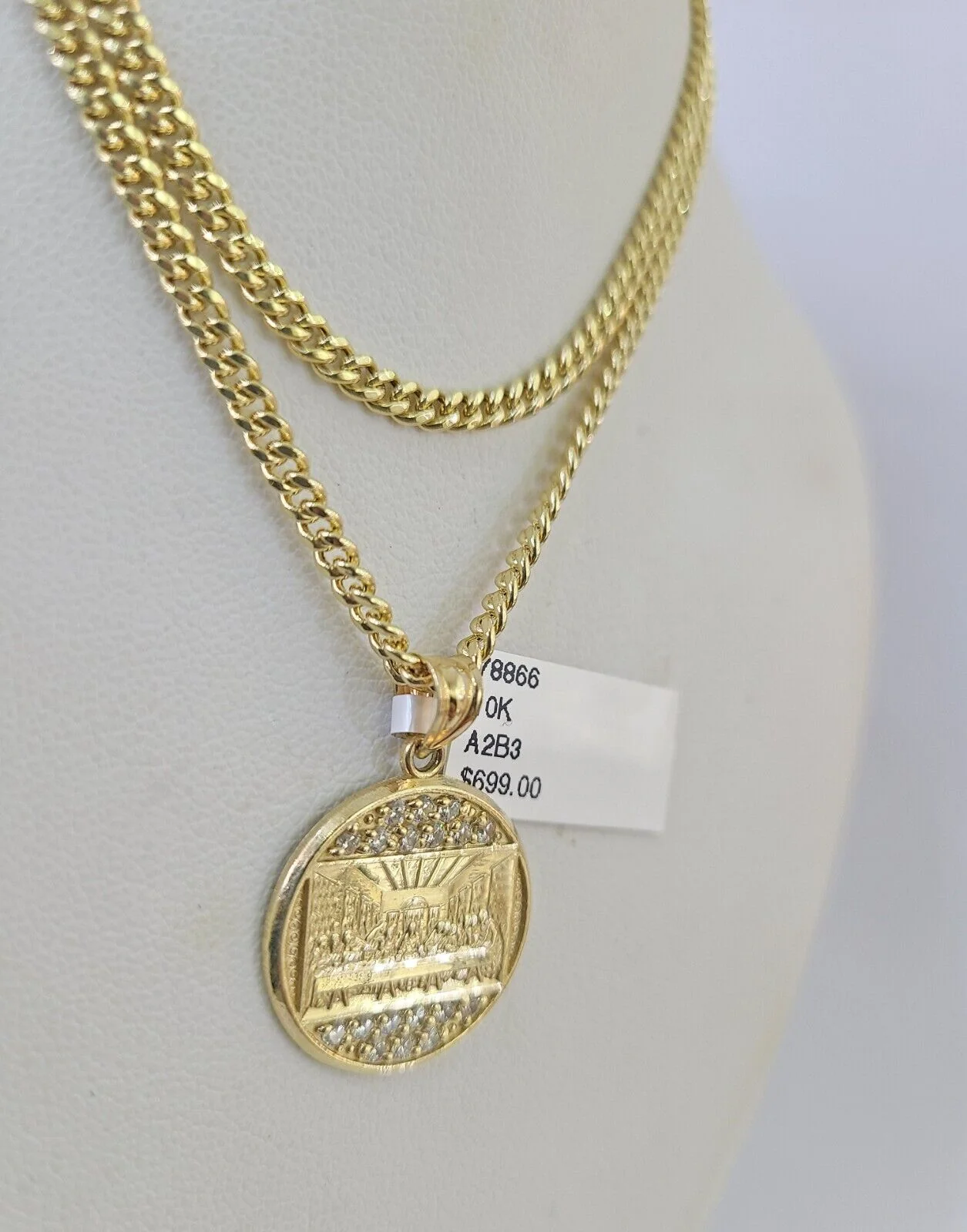 10K Gold Miami Cuban Chain Last Supper Charm 18"-28" 3mm Pendant Necklace SET - Image 5