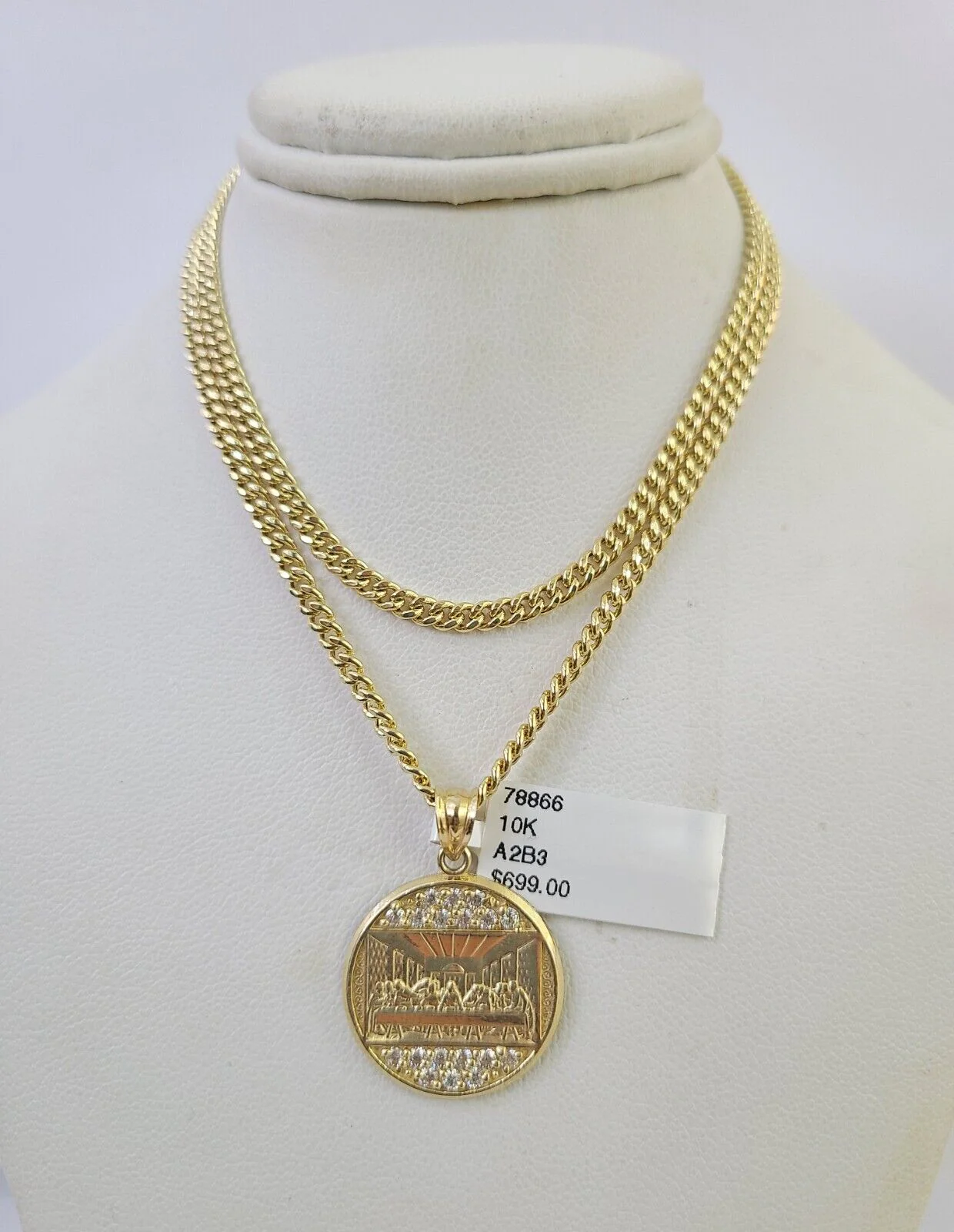 10K Gold Miami Cuban Chain Last Supper Charm 18"-28" 3mm Pendant Necklace SET - Image 6