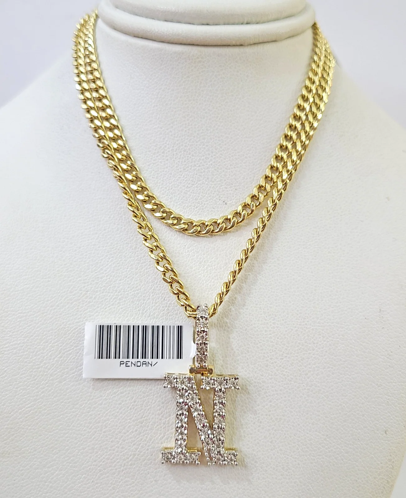 10K Gold Miami Cuban Chain N Diamond Initial 20"-28" 3mm Pendant Necklace SET
