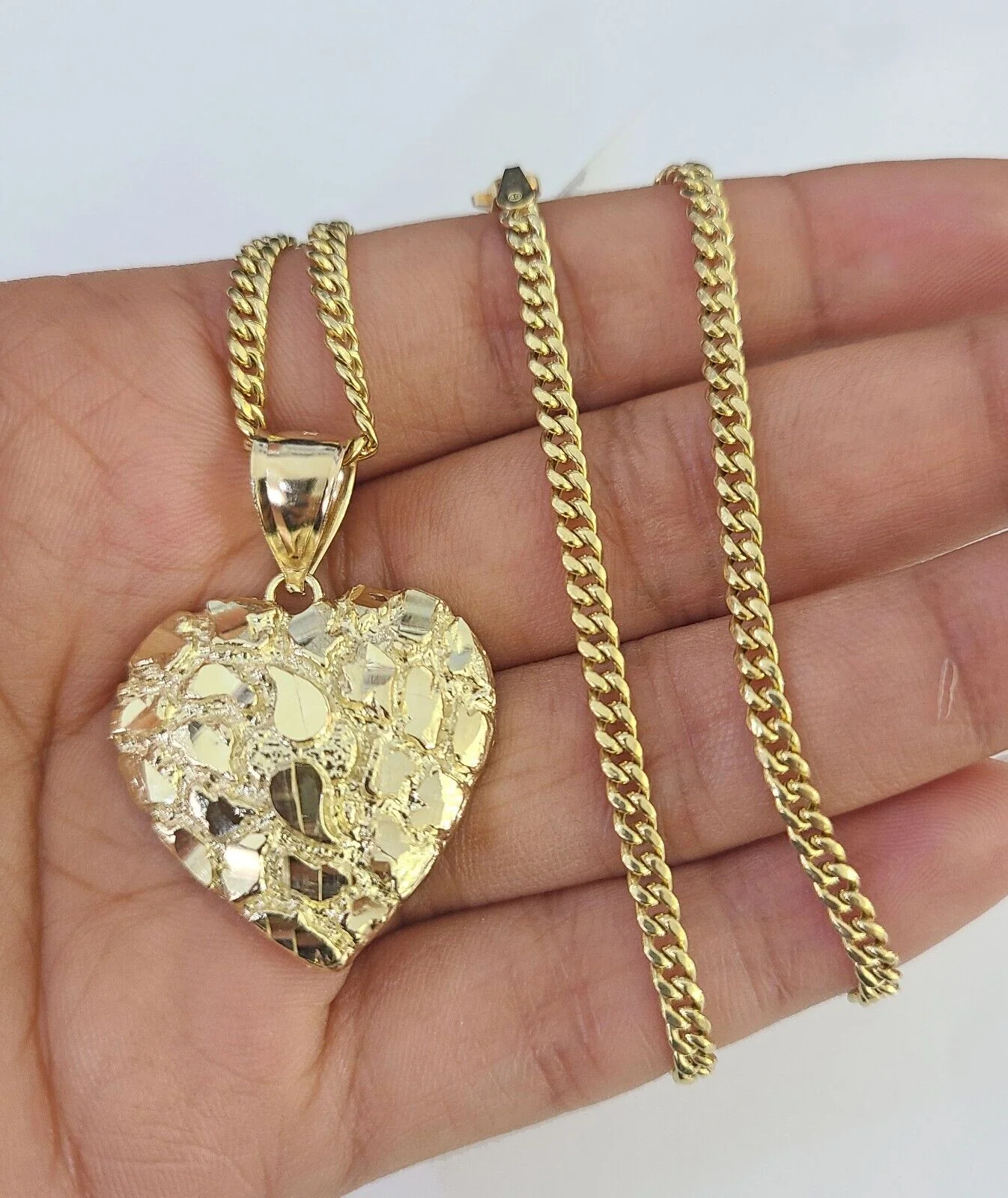 10K Gold Miami Cuban Chain Nugget Heart Charm 18"-24" 3mm REAL Pendant Ladies - Image 5