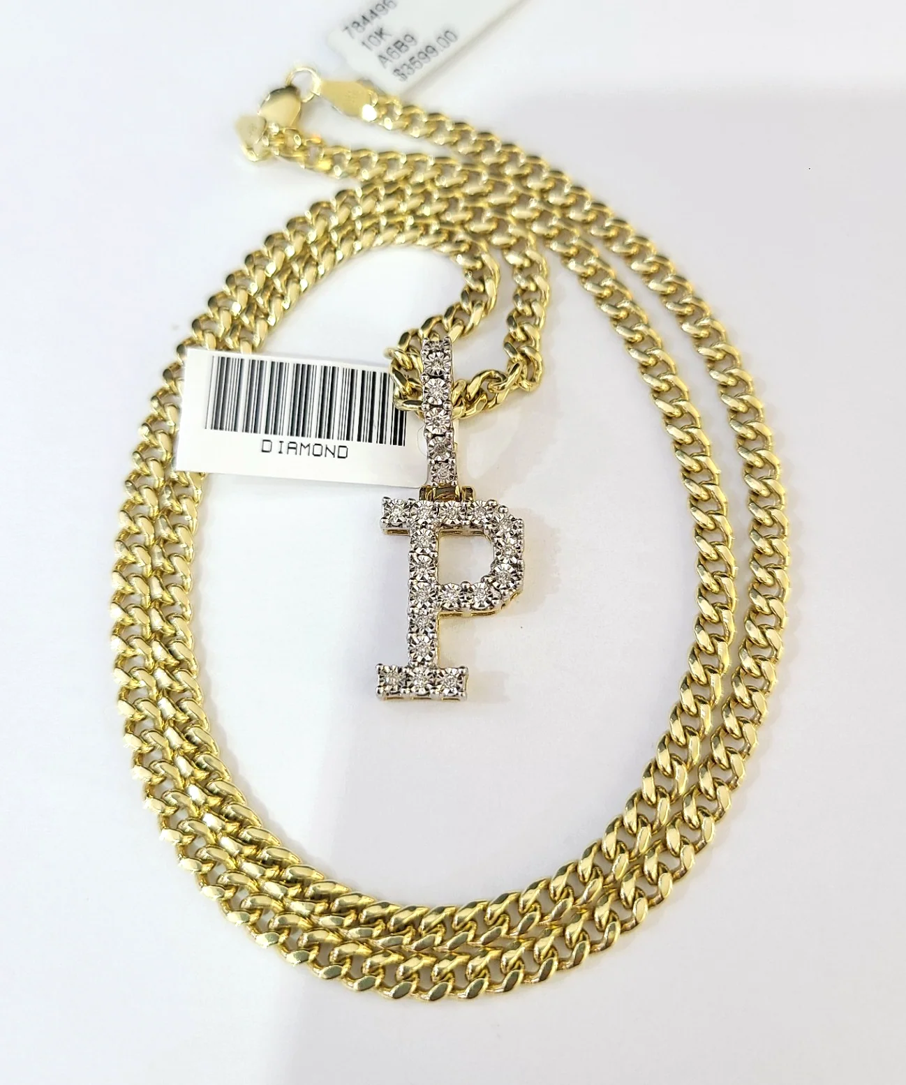10K Gold Miami Cuban Chain P Diamond Initial 18"-24" 2mm Pendant Necklace SET - Image 2