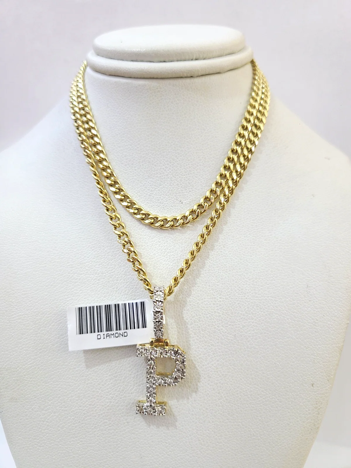 10K Gold Miami Cuban Chain P Diamond Initial 20"-28" 3mm Pendant Necklace SET