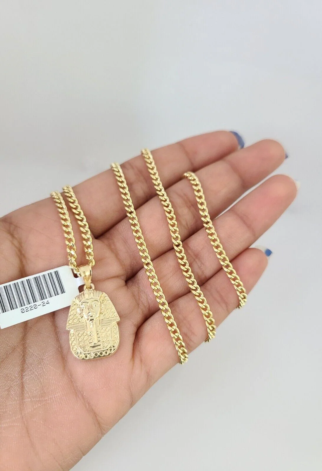 10k Gold Miami Cuban Chain Pharaoh Charm Pendant 3mm 18-28in Necklace Set - Image 2