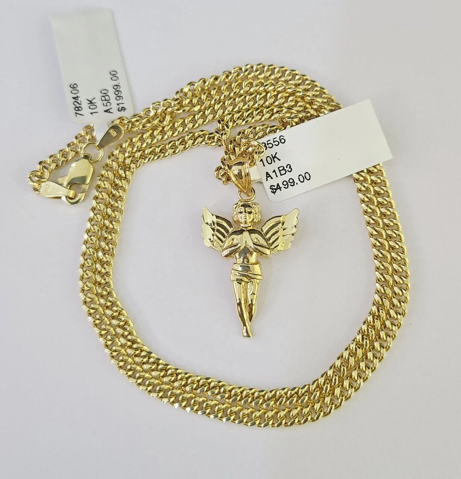 10K Gold Miami Cuban Chain Praying Angel 18"-28" 3mm REAL Pendant Necklace SET - Image 3
