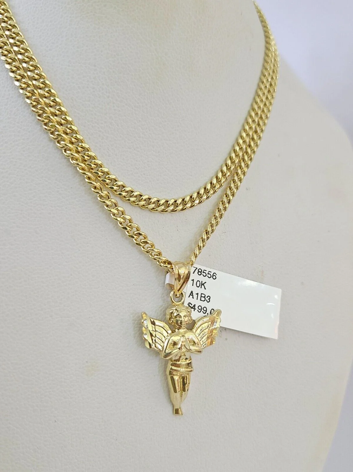 10K Gold Miami Cuban Chain Praying Angel 18"-28" 3mm REAL Pendant Necklace SET - Image 6