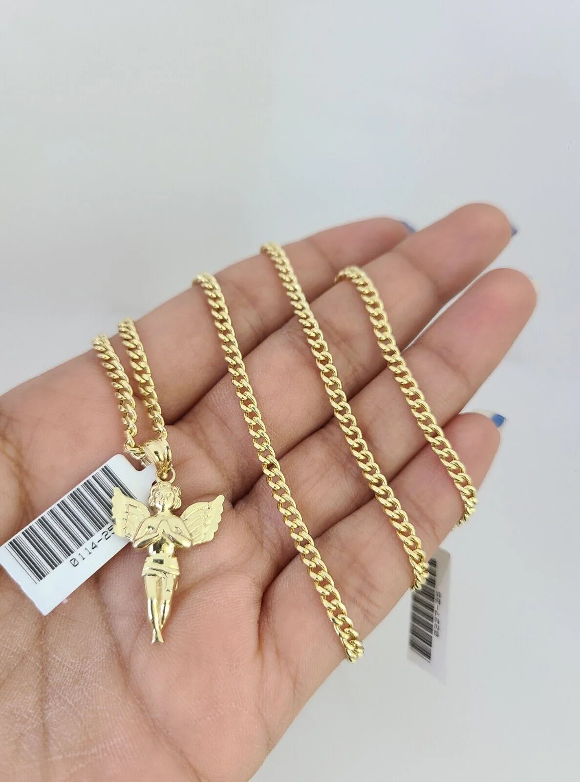 10k Gold Miami Cuban Chain Praying Angel Charm Pendant 3mm 18-28in Necklace Set - Image 5