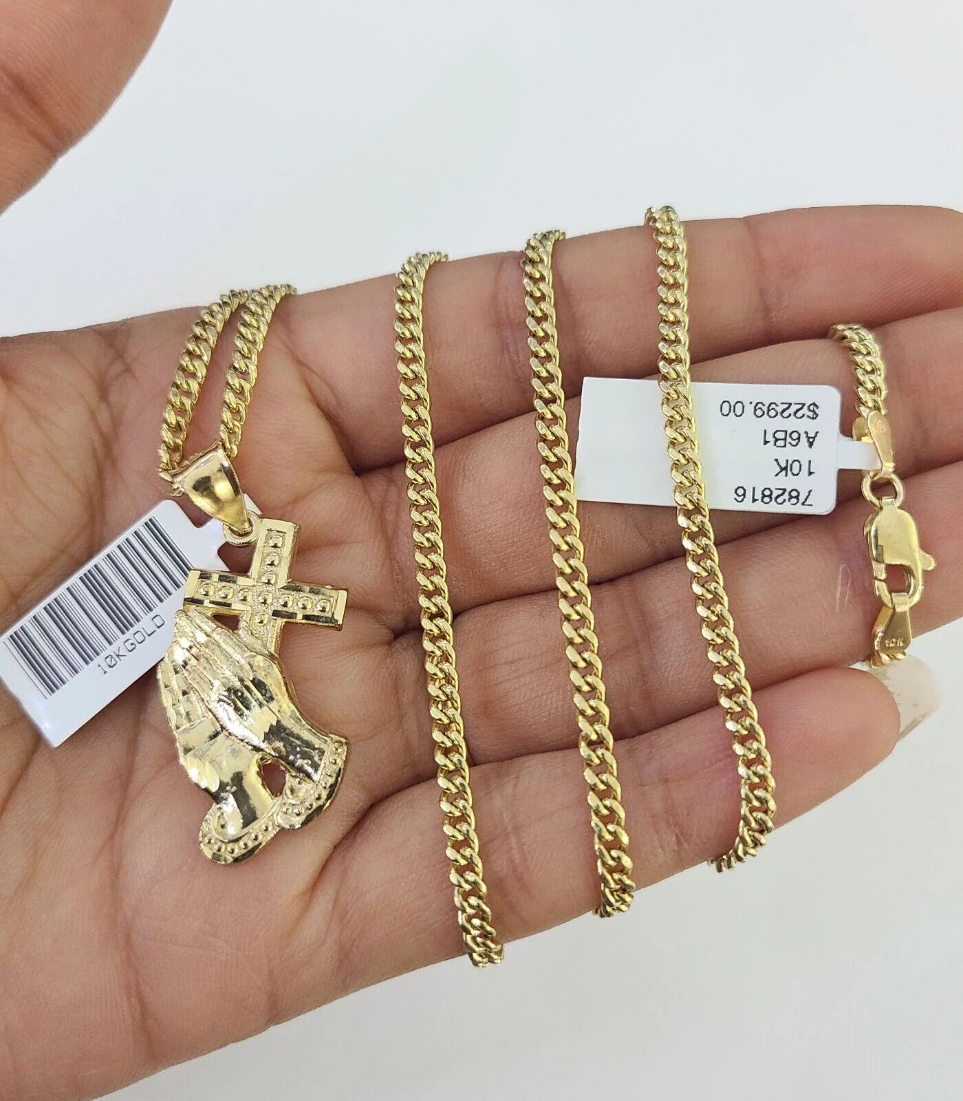 10K Gold Miami Cuban Chain Praying Hands Charm 18"-30" 3mm REAL Pendant - Image 2