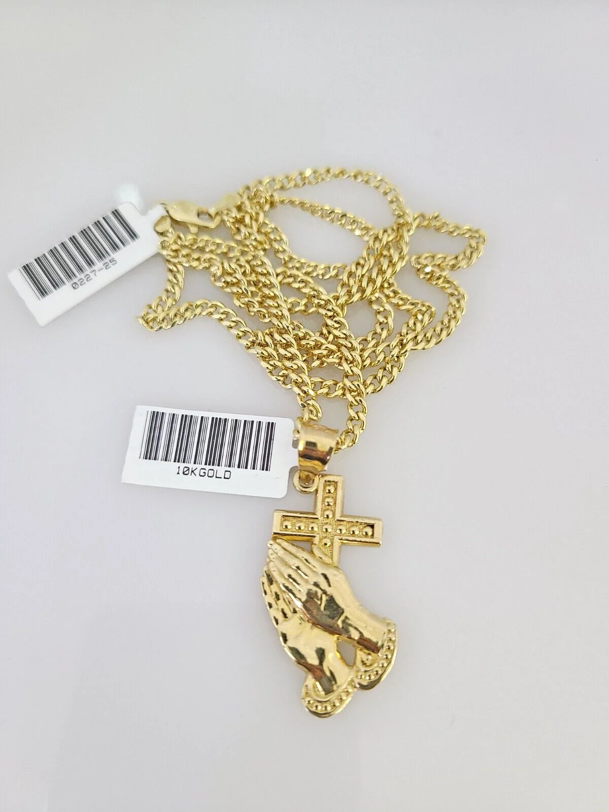 10k Gold Miami Cuban Chain Praying Hands Charm Pendant 3mm 18-28in Necklace Set - Image 5