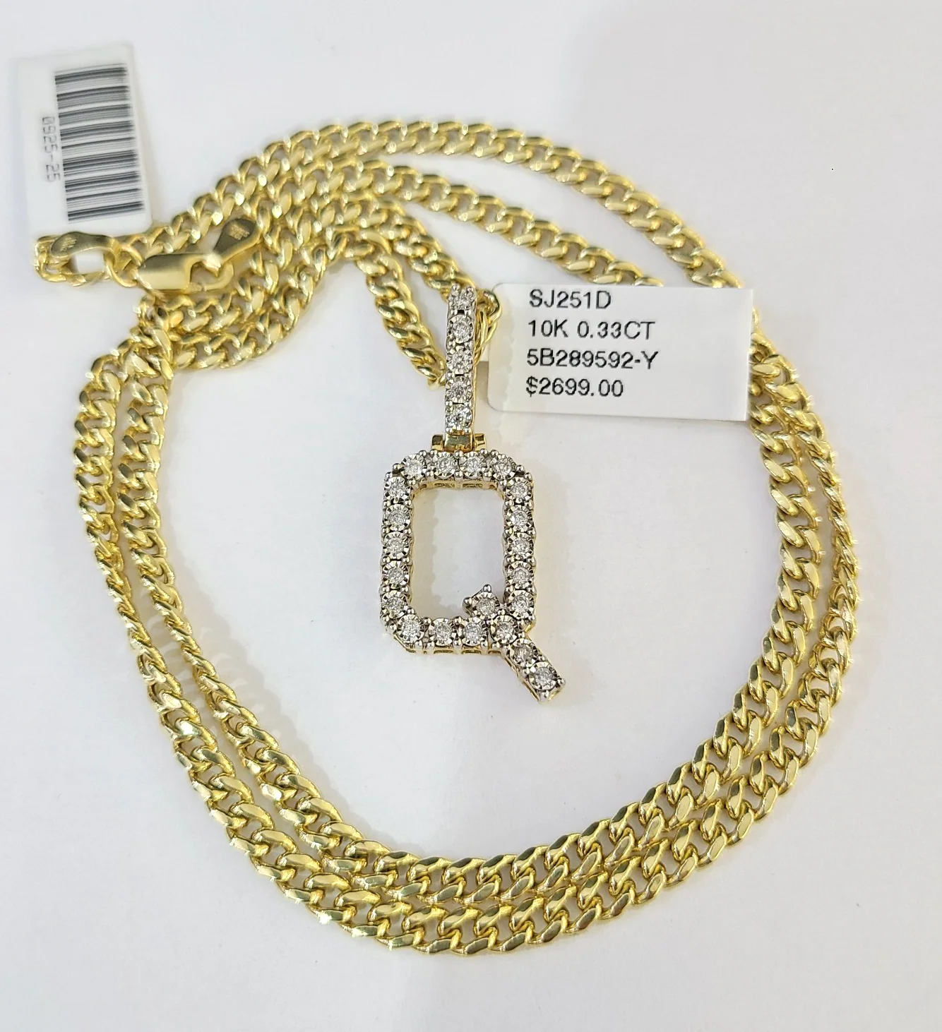 10K Gold Miami Cuban Chain Q Diamond Initial 18"-24" 2mm Pendant Necklace SET