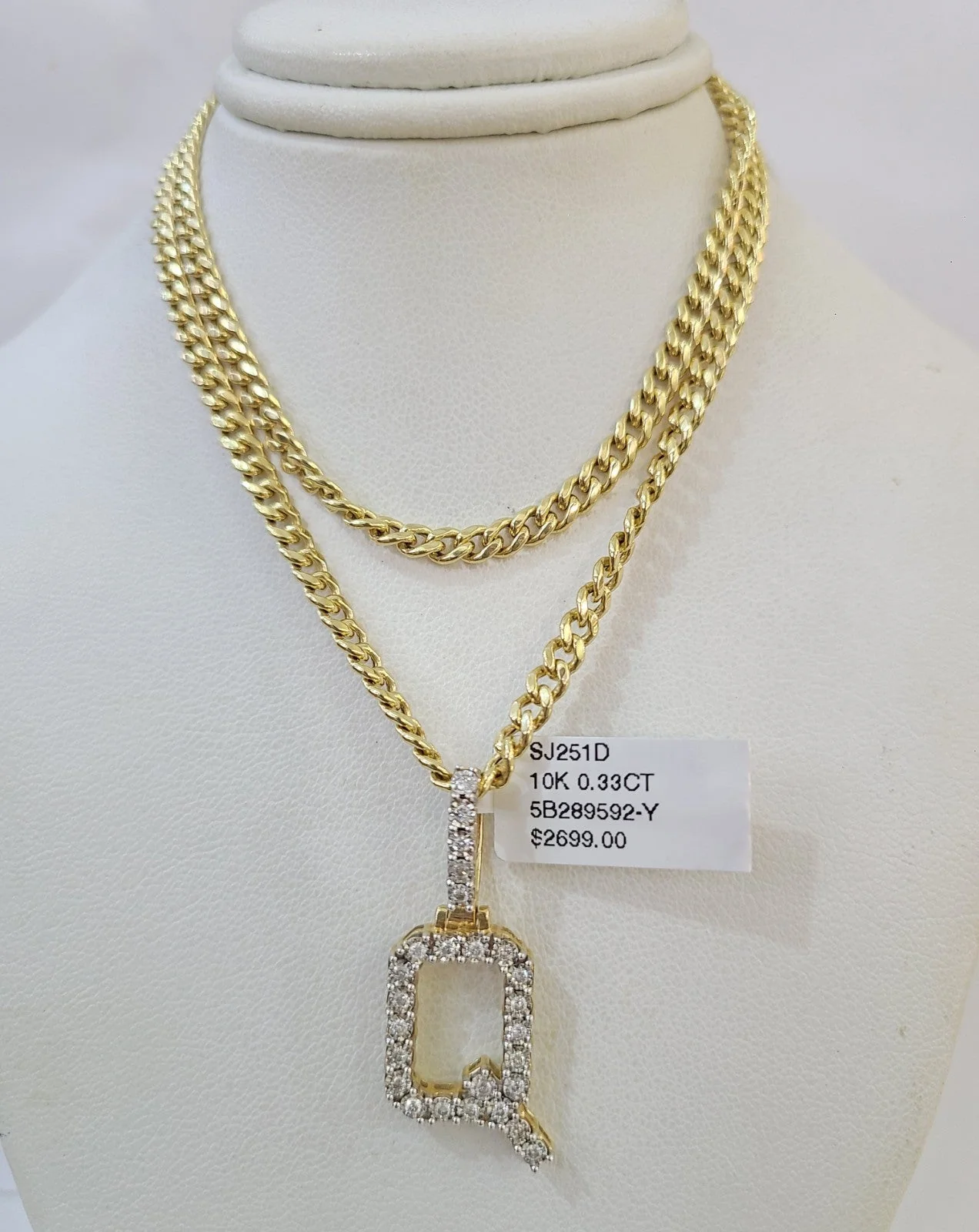 10K Gold Miami Cuban Chain Q Diamond Initial 20"-28" 3mm Pendant Necklace SET