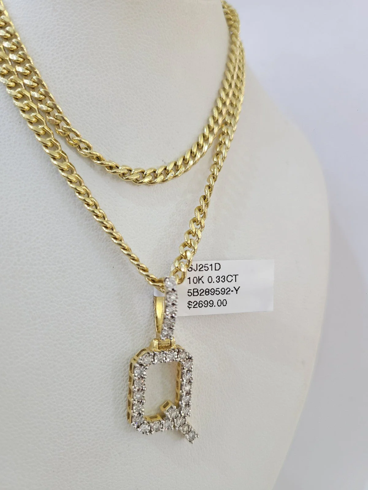 10K Gold Miami Cuban Chain Q Diamond Initial 20"-28" 3mm Pendant Necklace SET - Image 5