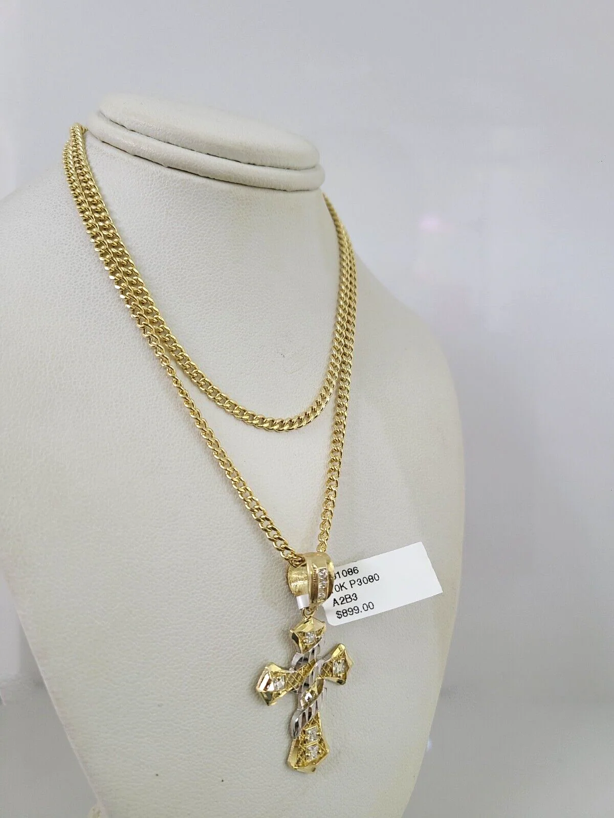 10k Gold Miami Cuban Chain Spiral Cross Charm Pendant 3mm 18-28in Necklace Set - Image 4
