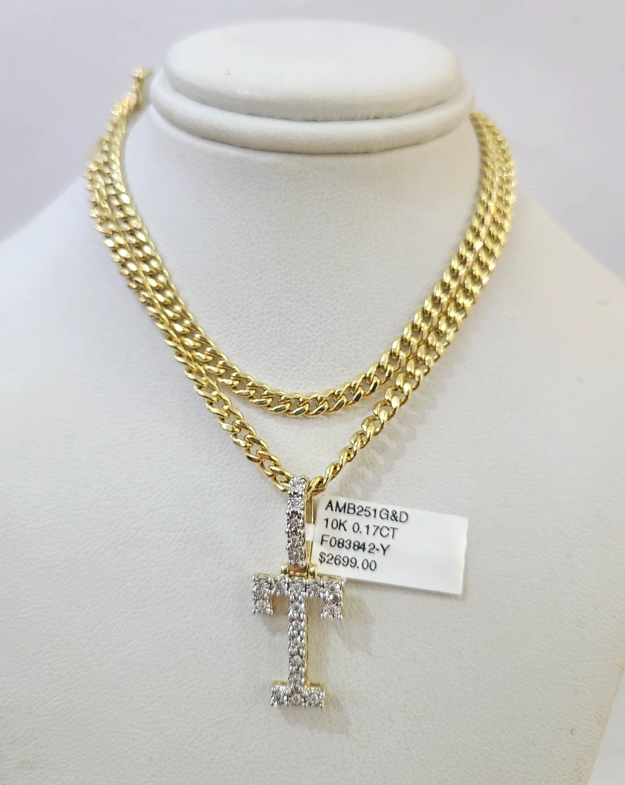 10K Gold Miami Cuban Chain T Diamond Initial 18"-24" 2mm Pendant Necklace SET