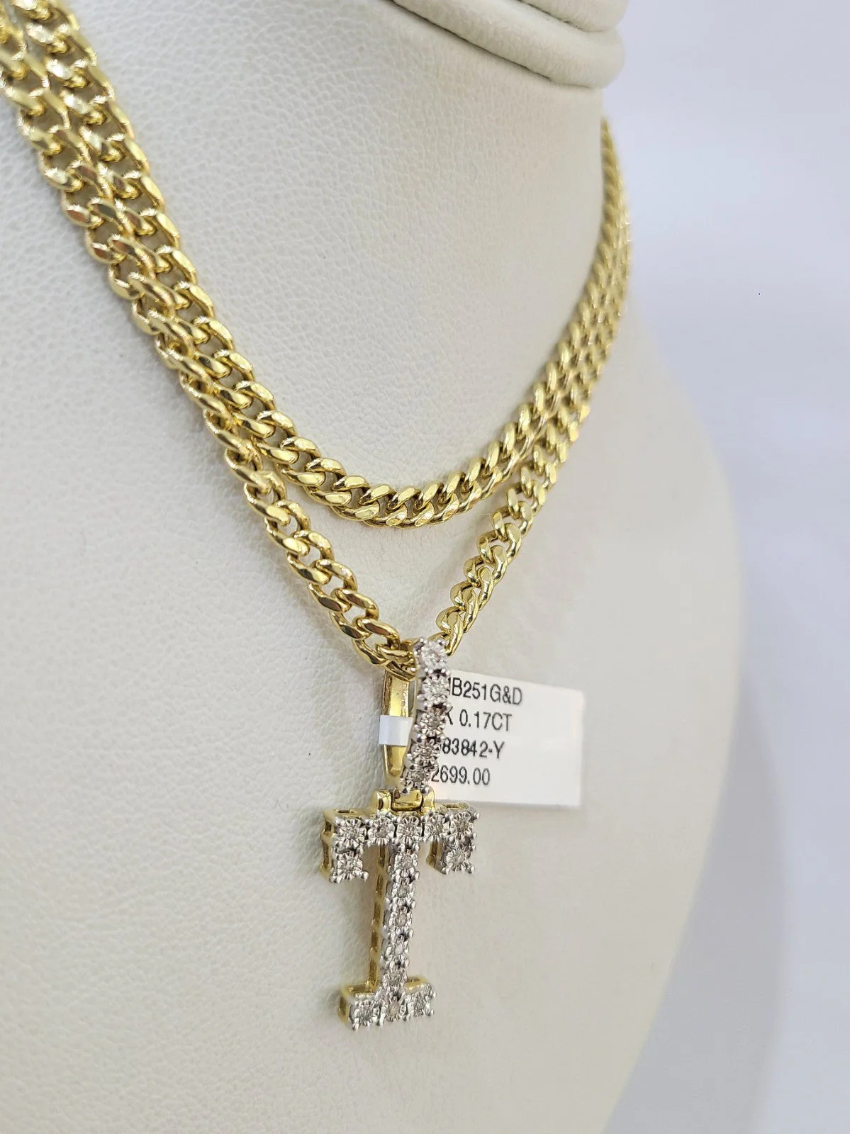 10K Gold Miami Cuban Chain T Diamond Initial 18"-24" 2mm Pendant Necklace SET - Image 3