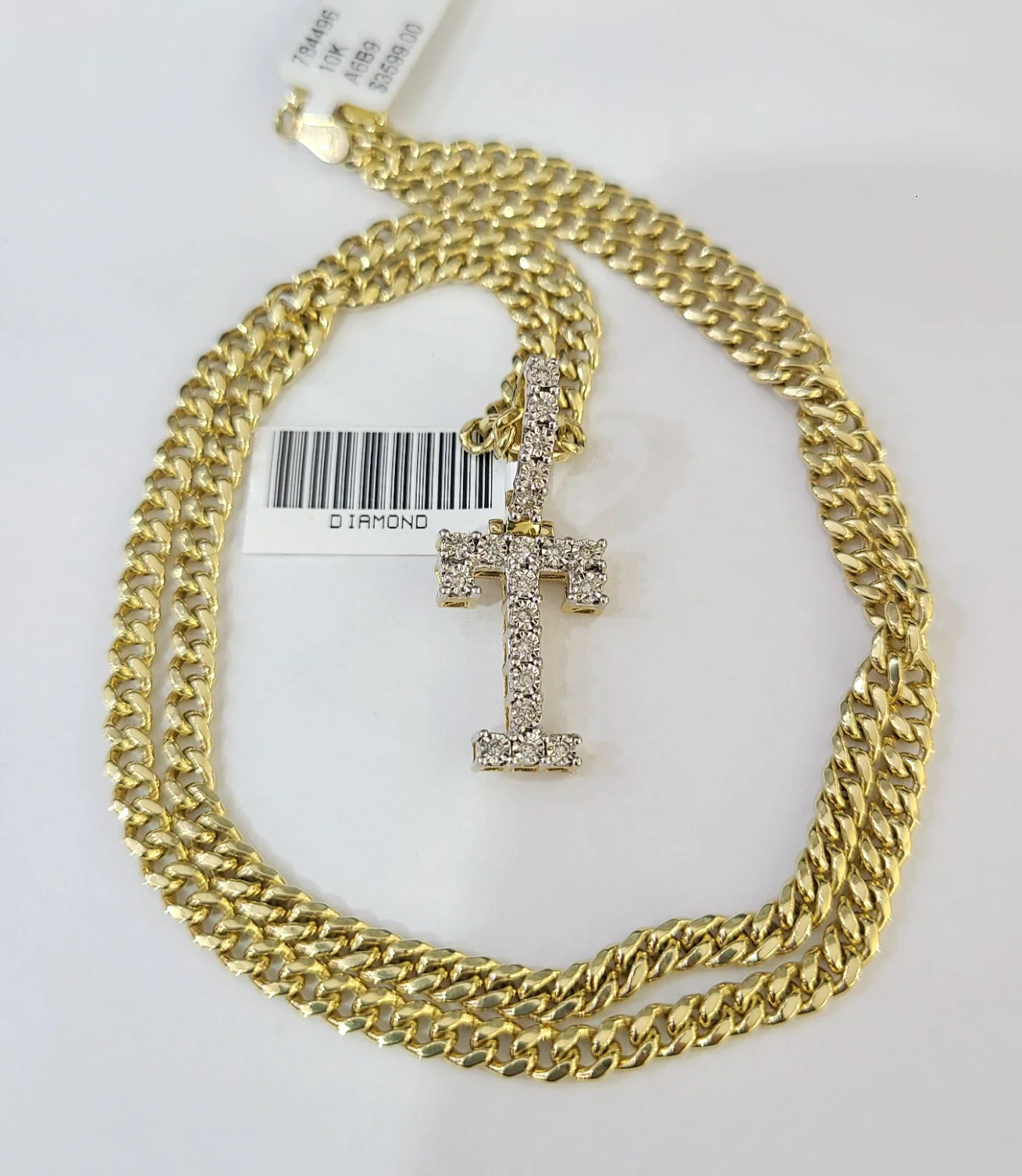 10K Gold Miami Cuban Chain T Diamond Initial 20"-28" 3mm Pendant Necklace SET - Image 2