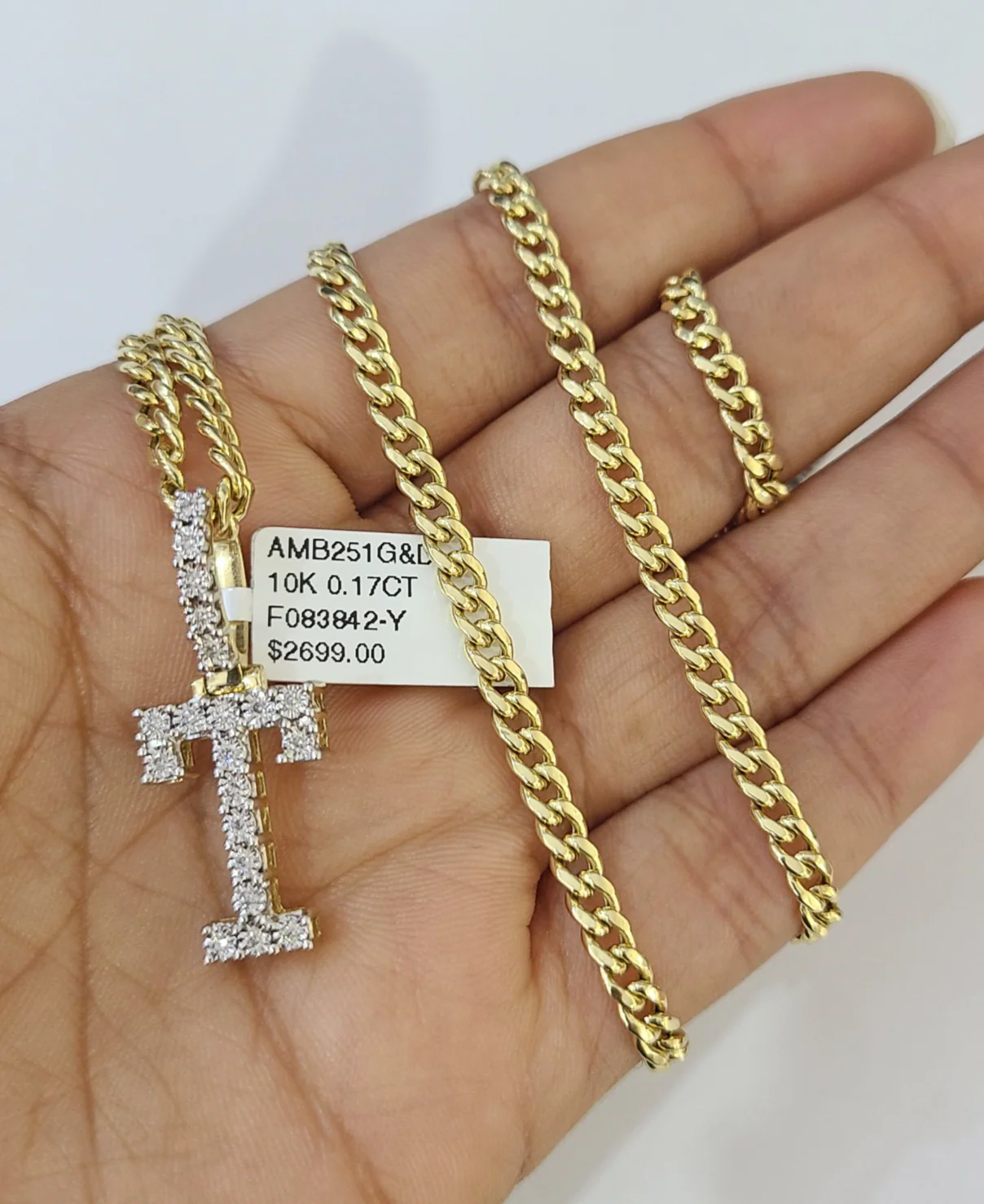 10K Gold Miami Cuban Chain T Diamond Initial 20"-28" 3mm Pendant Necklace SET - Image 5