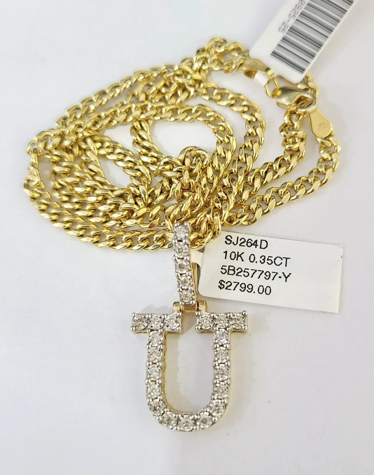 10K Gold Miami Cuban Chain U Diamond Initial 18"-24" 2mm Pendant Necklace SET - Image 6