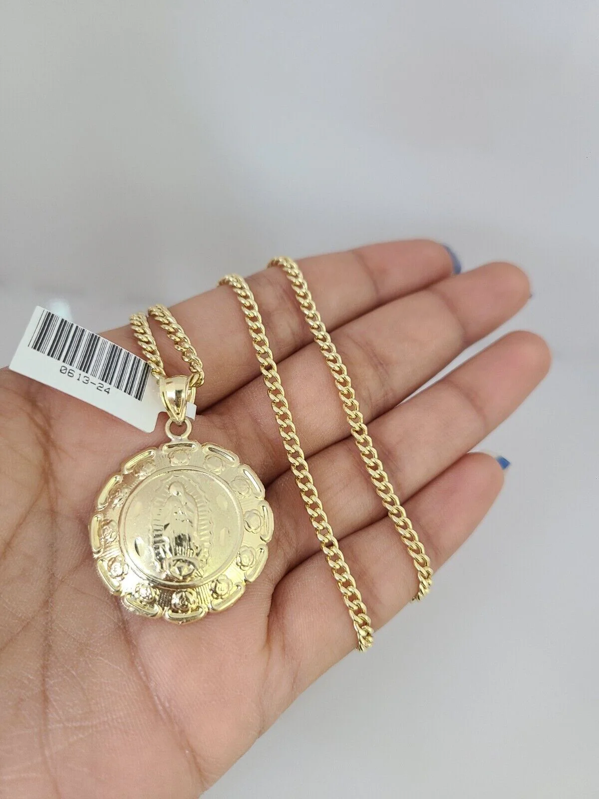 10k Gold Miami Cuban Chain Virgin Mary Charm Pendant 3mm 18-28in Necklace Set - Image 5