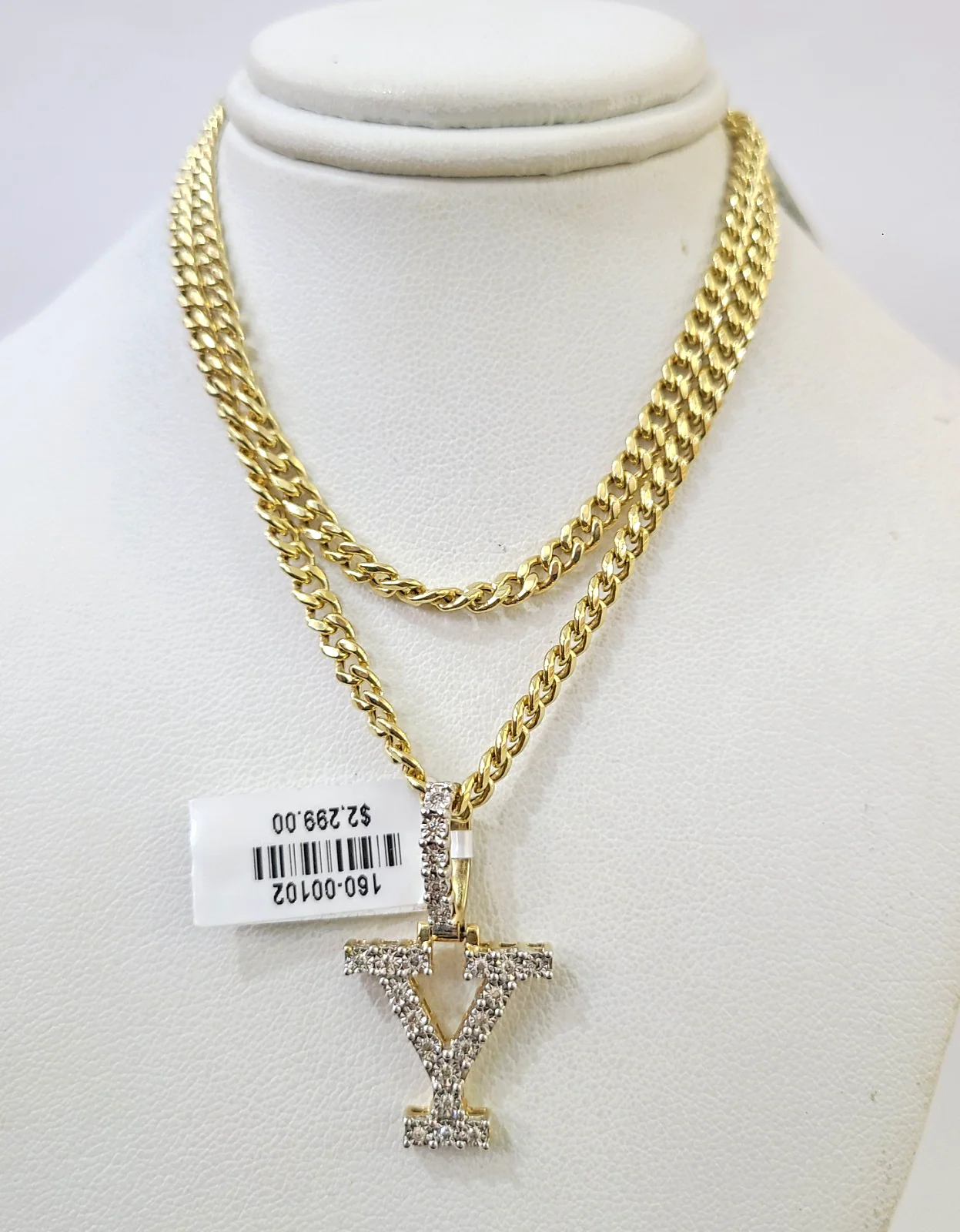 10K Gold Miami Cuban Chain Y Diamond Initial 20"-28" 3mm Pendant Necklace SET