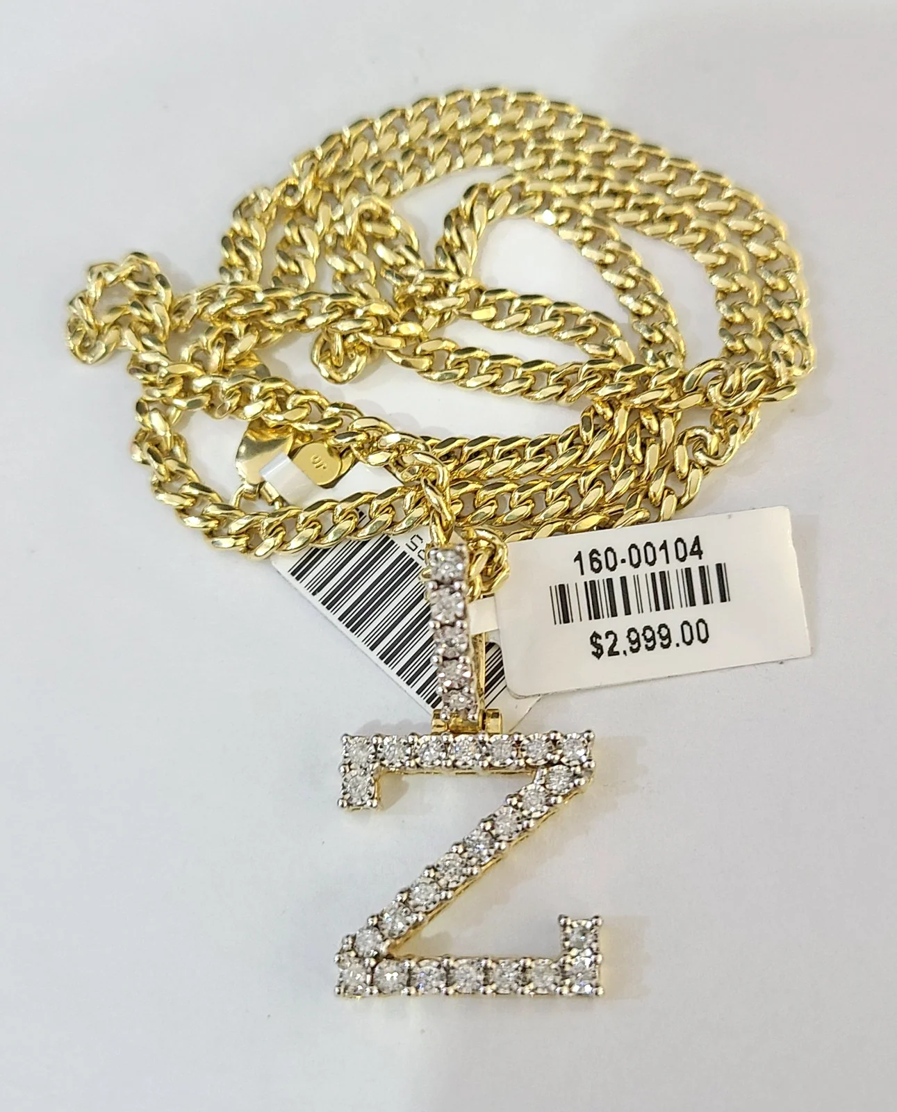 10K Gold Miami Cuban Chain Z Diamond Initial 18"-24" 2mm Pendant Necklace SET