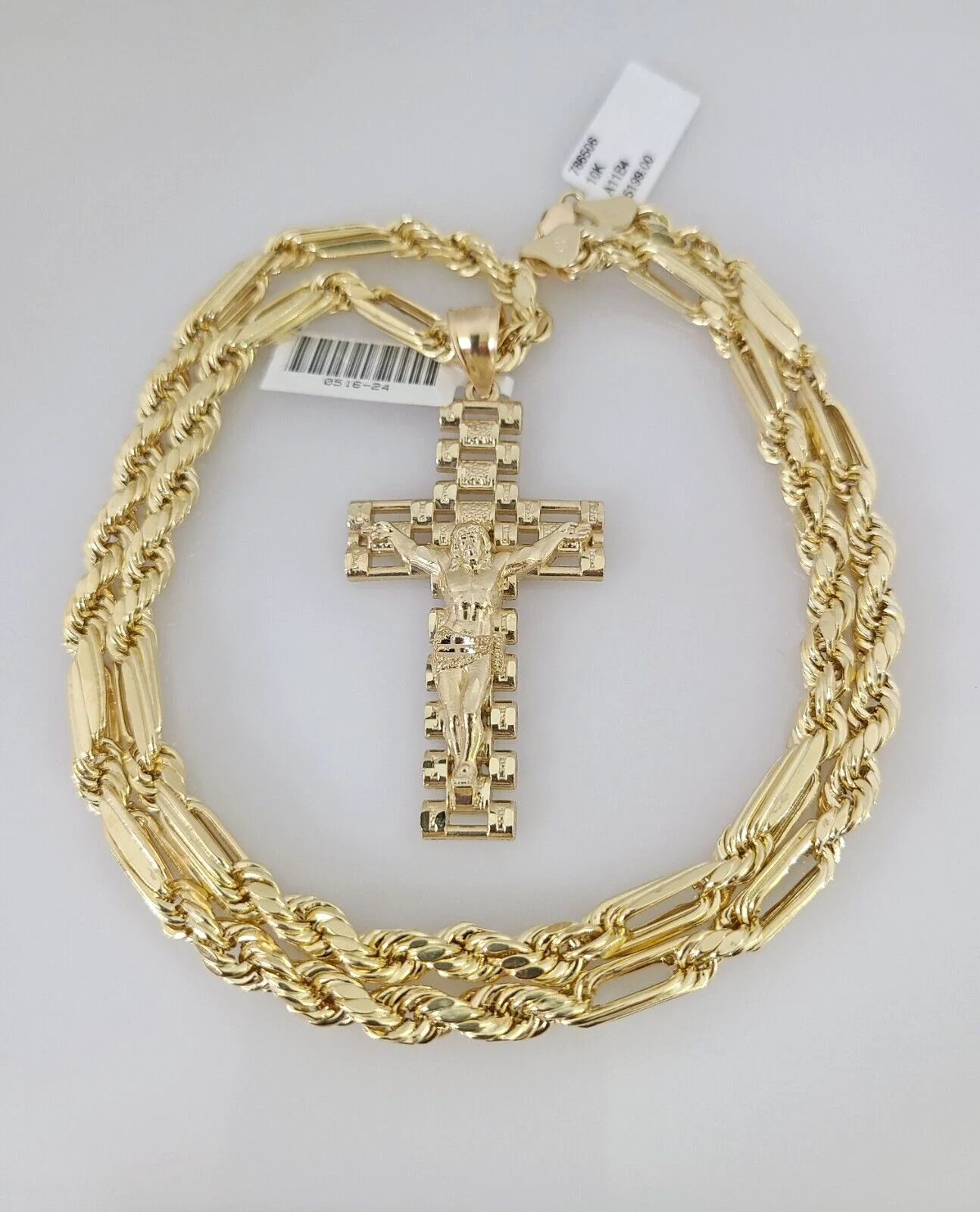 10k Gold Milano Rope Chain Jesus Cross Charm 6mm Set 20"-26'' Inches Necklace