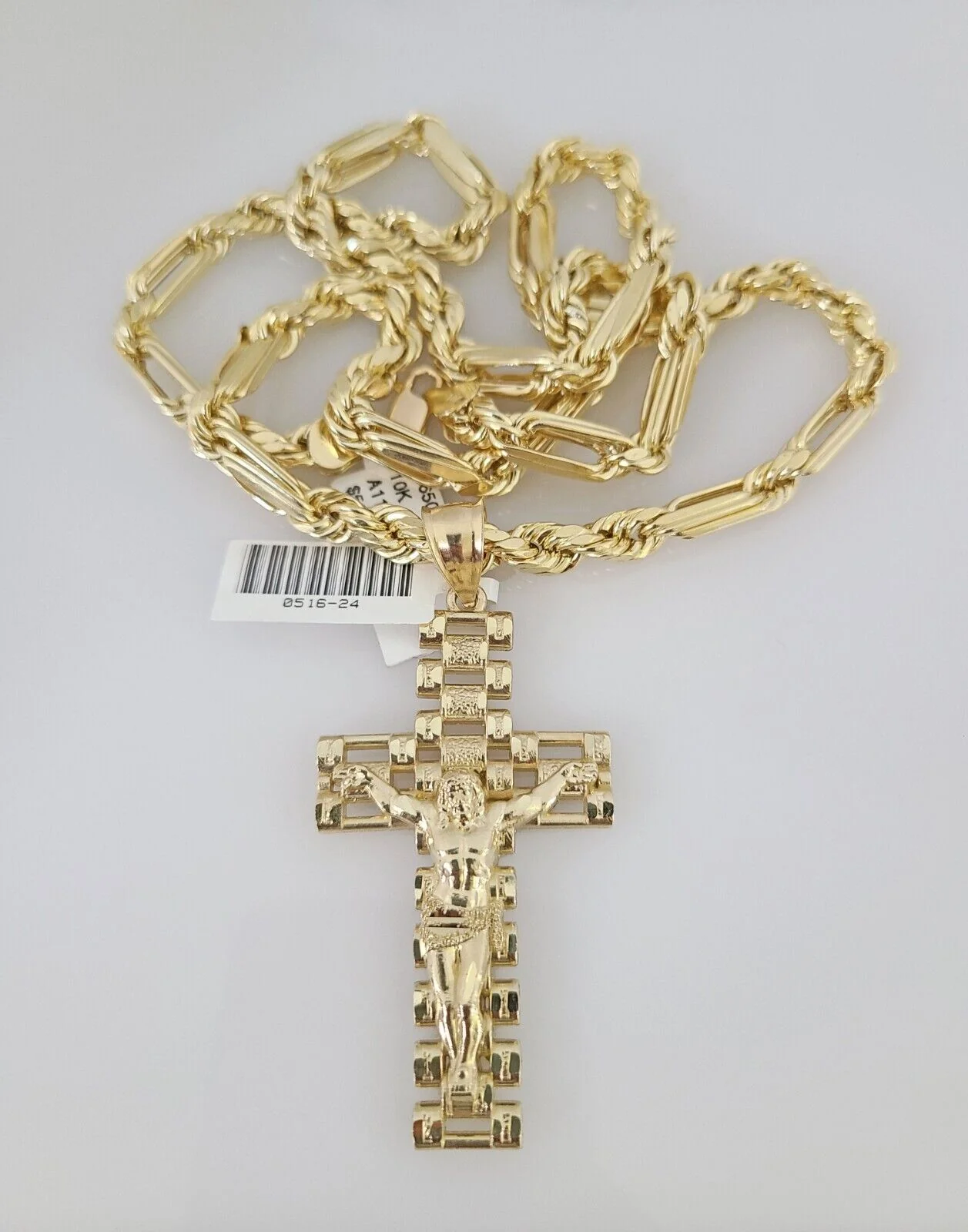 10k Gold Milano Rope Chain Jesus Cross Charm 6mm Set 20"-26'' Inches Necklace - Image 4