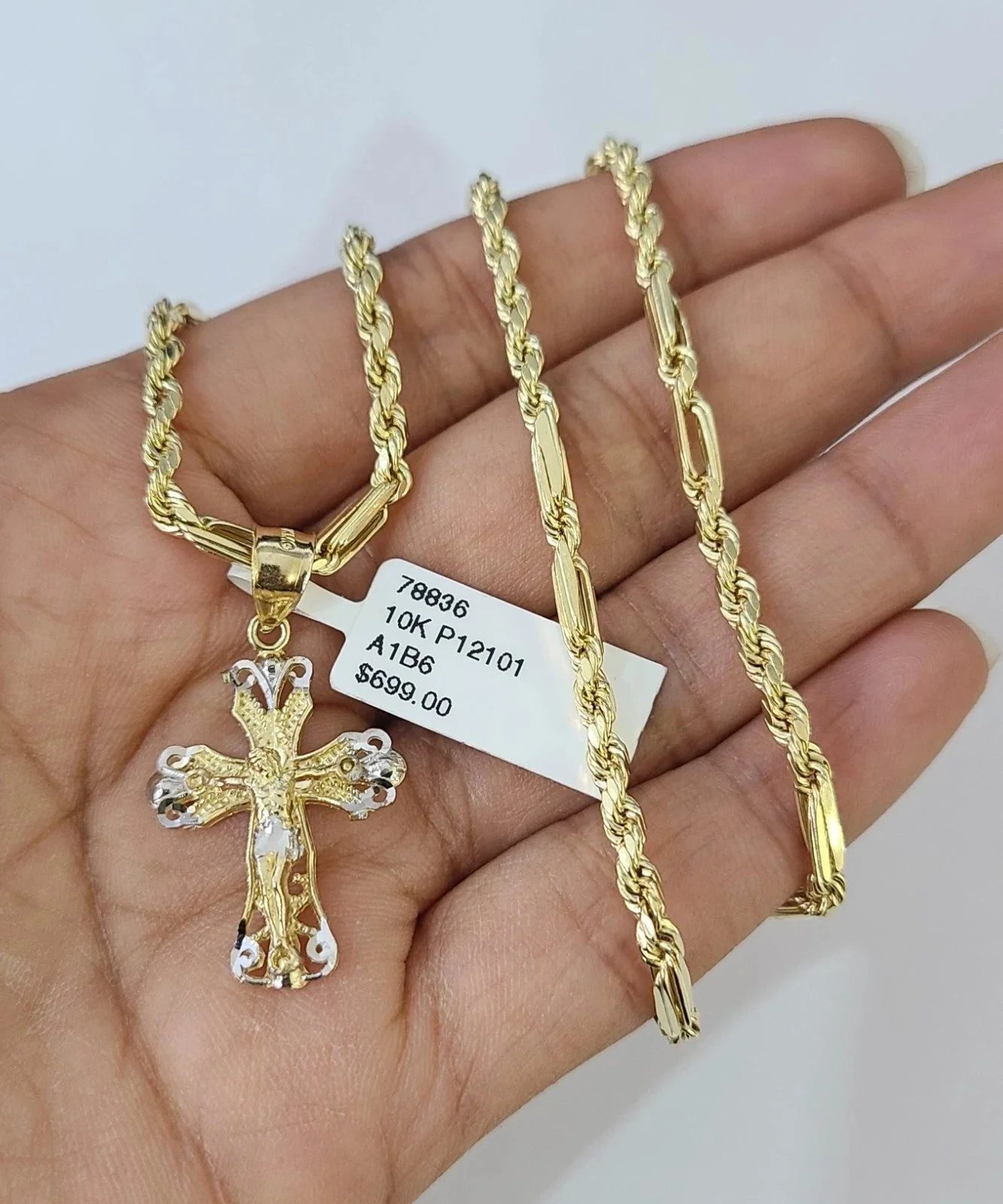 10k Gold Milano Rope Chain Jesus Cross Charm Necklace SET 3mm 18"-26" Pendant