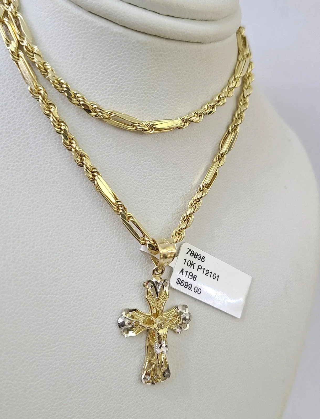 10k Gold Milano Rope Chain Jesus Cross Charm Necklace SET 3mm 18"-26" Pendant - Image 4
