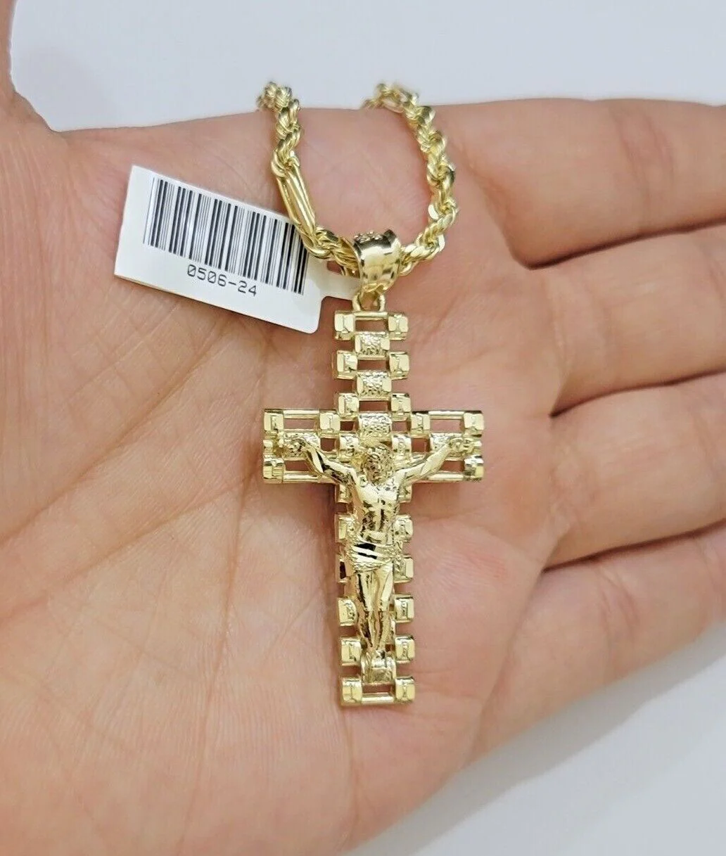 10k Gold Milano Rope Chain Jesus Cross Charm Pendant Set 18-24'' Inches Necklace - Image 4