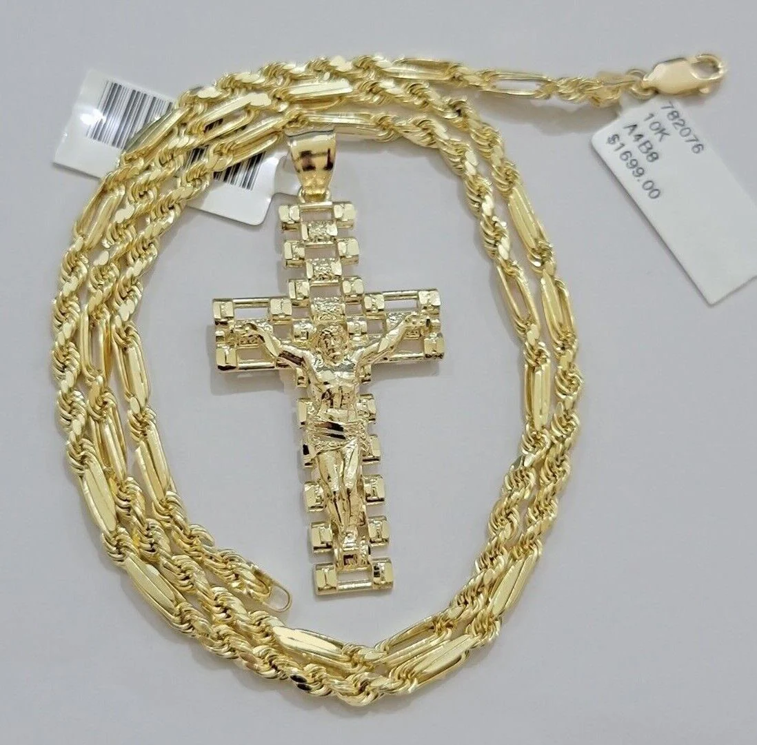 10k Gold Milano Rope Chain Jesus Cross Charm Pendant Set 18-24'' Inches Necklace - Image 9