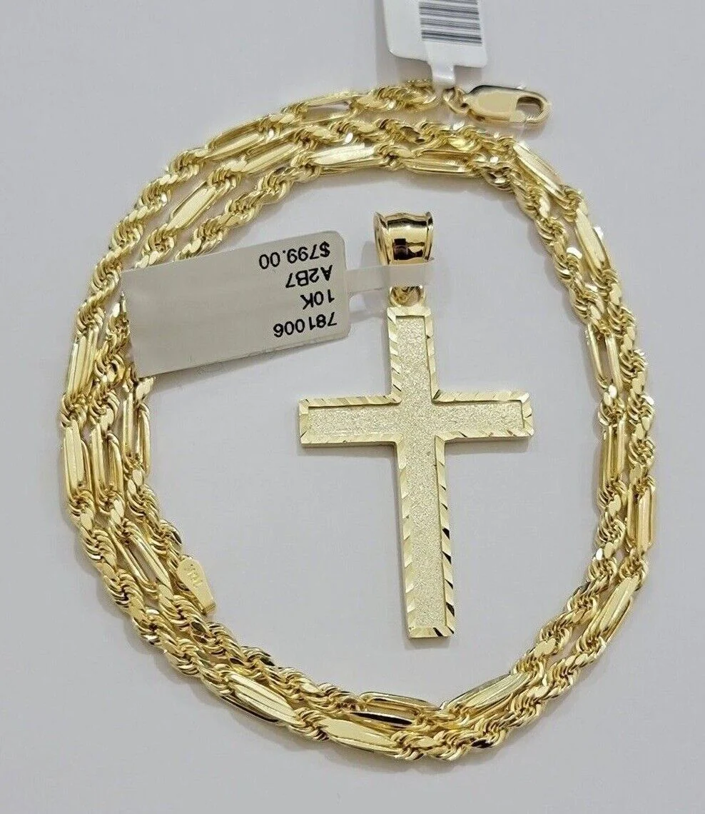 10k Gold Milano Rope Chain Plain Cross Charm Pendant Set 18-24'' Inches Necklace - Image 4