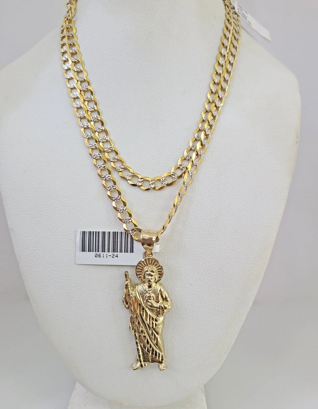 10k Gold Necklace Chain Saint Jude Charm Solid Cuban Curb 5mm 18"-28" Inch SET