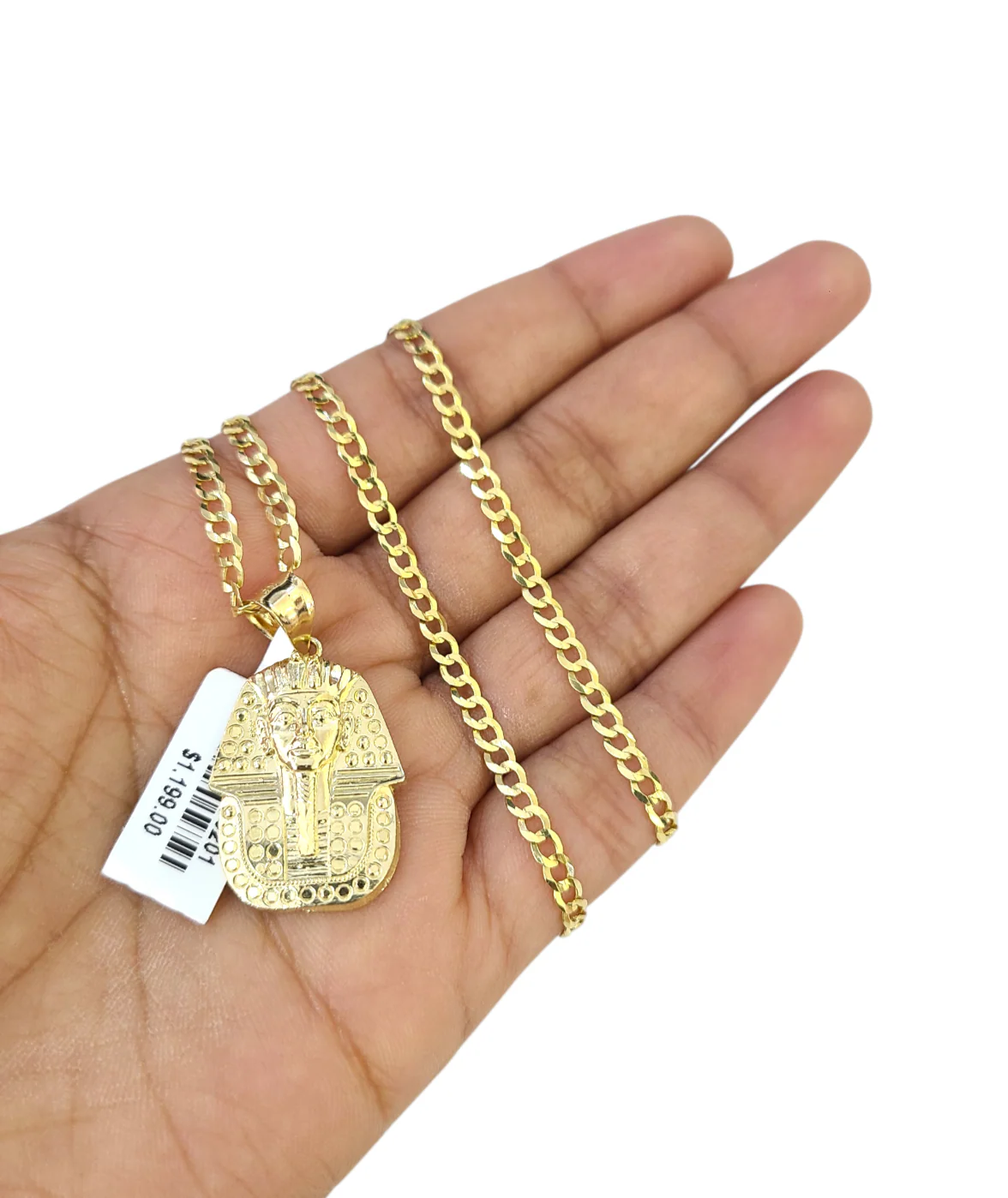 10k Gold Pharaoh Head Charm Pendant Chain Cuban Curb 3mm Necklace Set 18"-28" - Image 2