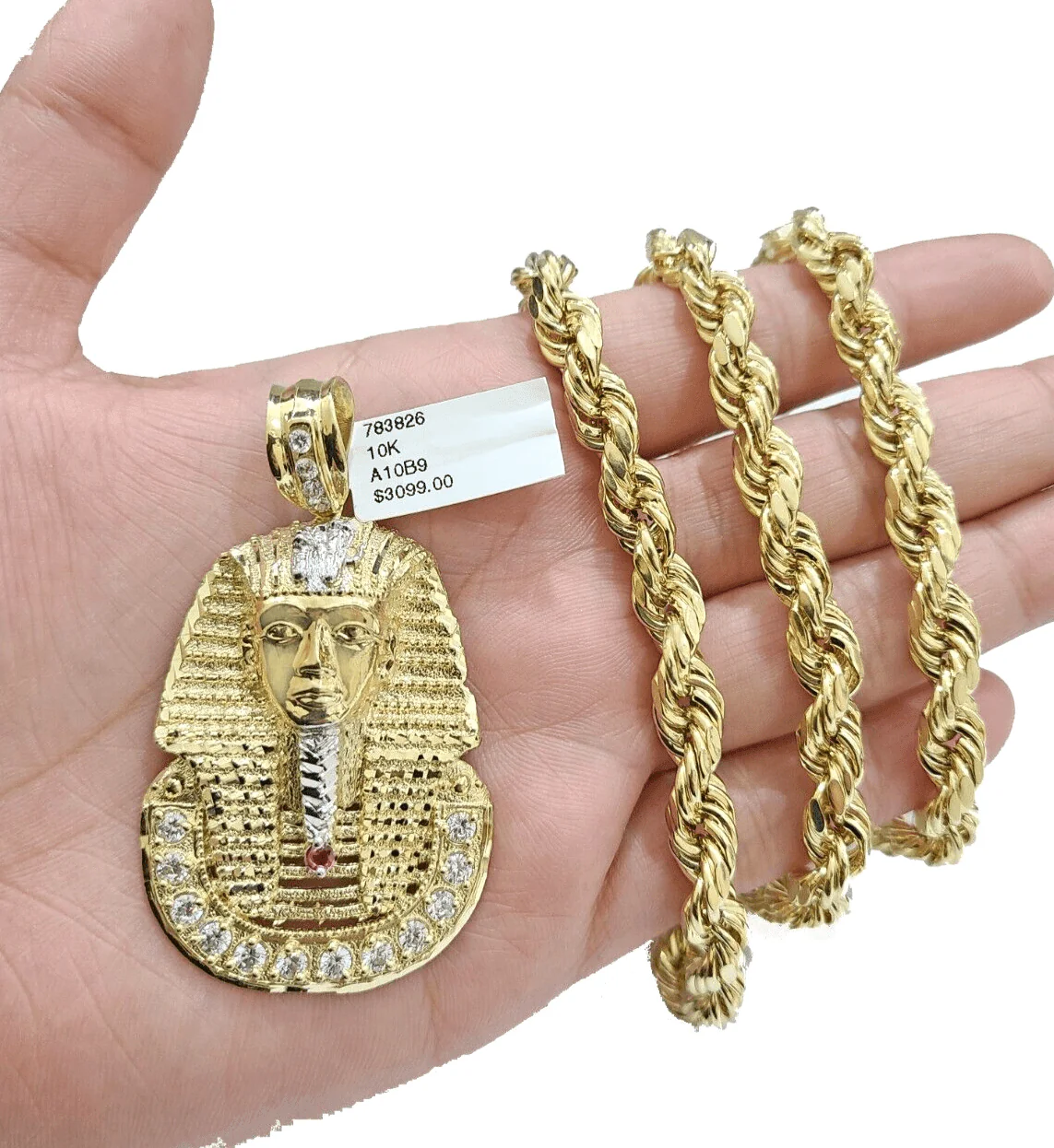 10k Gold Pharaoh Head Charm Rope Chain Necklace 8mm 22'' Set & Pendant 10kt REAL - Image 5