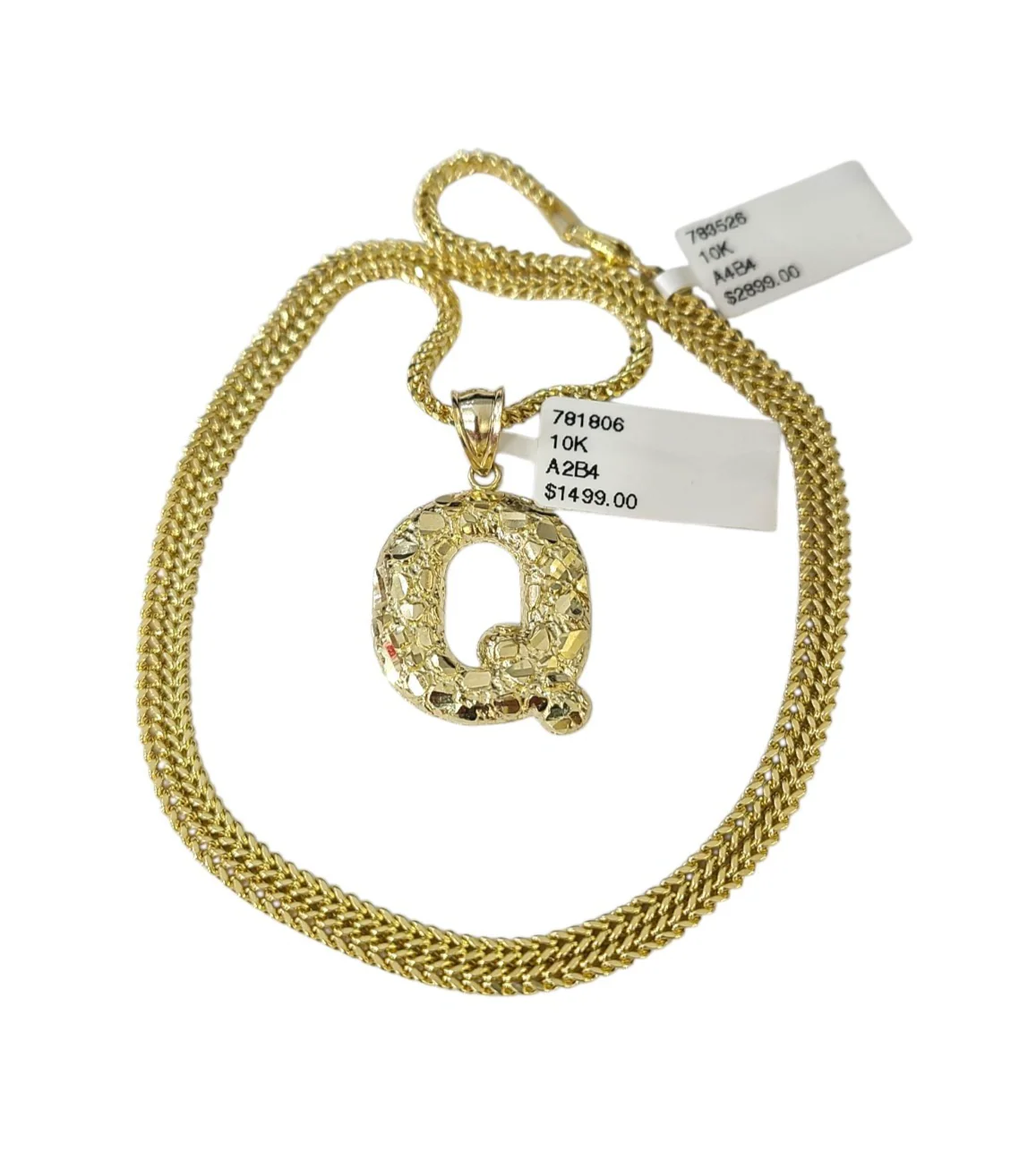 10k Gold Q Nugget Initial Charm Franco Chain 2.5mm 16"-26" Pendant Necklace SET - Image 6