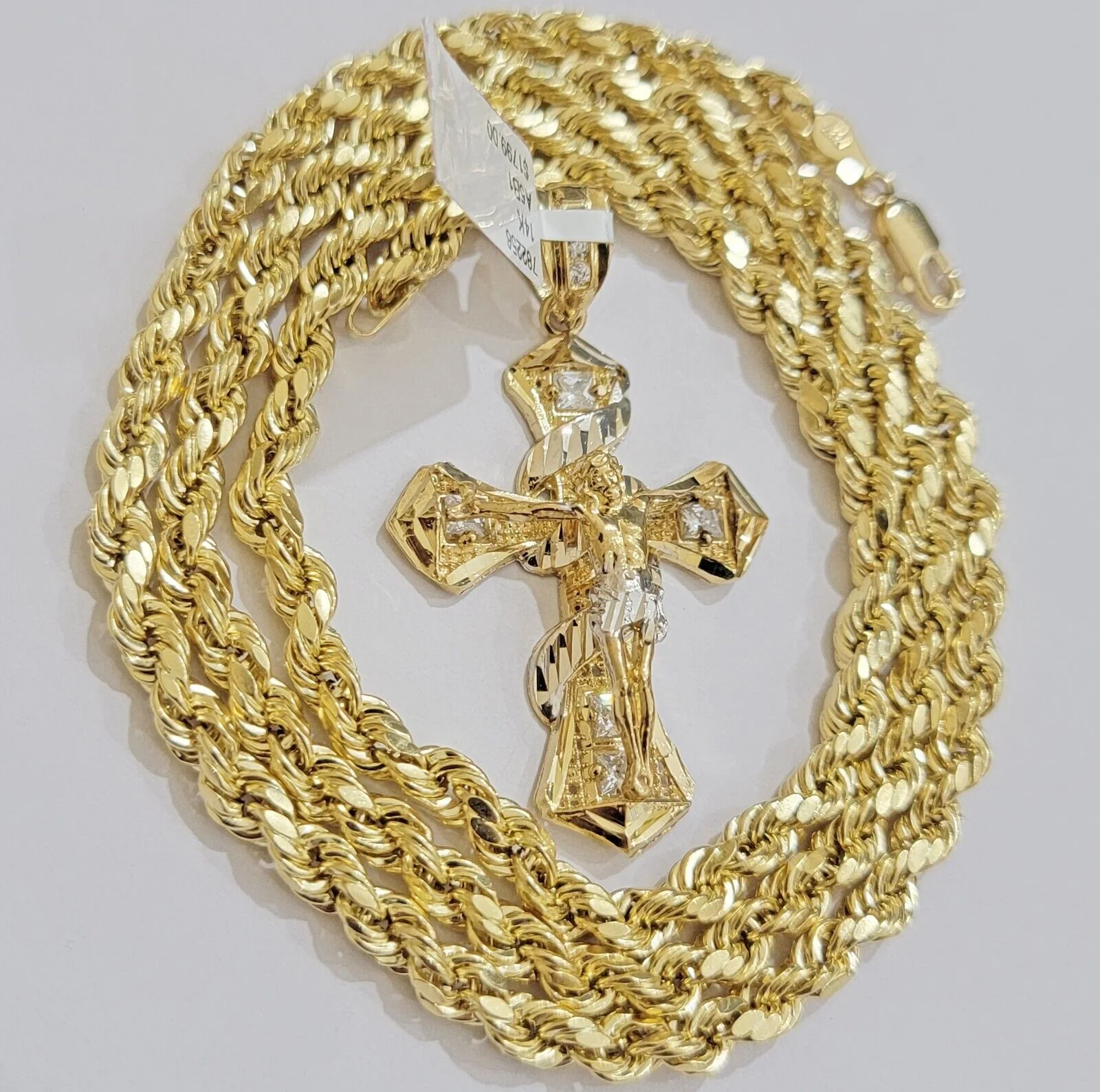 10k Gold Rope Chain Cross Charm Set Necklace 24" inch 5mm Jesus Pendant REAL 10K - Image 6