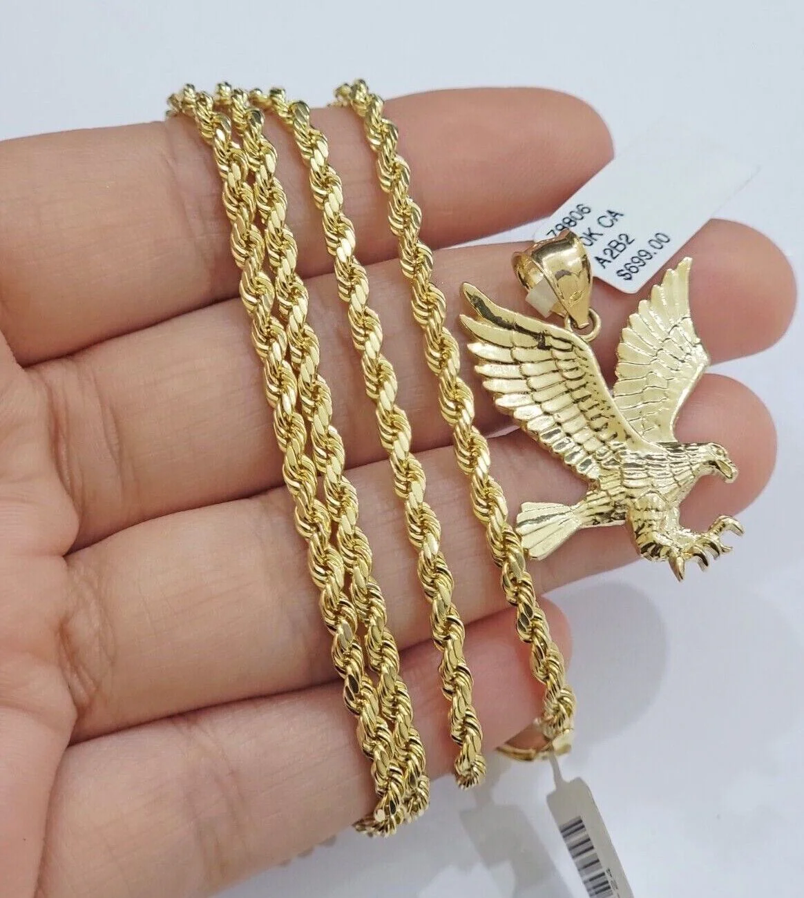 10k Gold Rope Chain Eagle Charm Pendant Set 22'' Inches 3mm Necklace REAL SALE