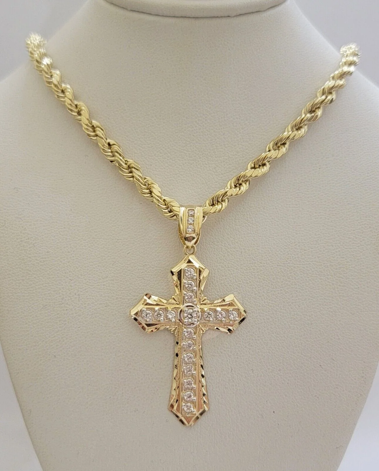 10k Gold Rope Chain Necklace & Cross Charm Pendant Set 28" inch 5mm, REAL 10kt - Image 2