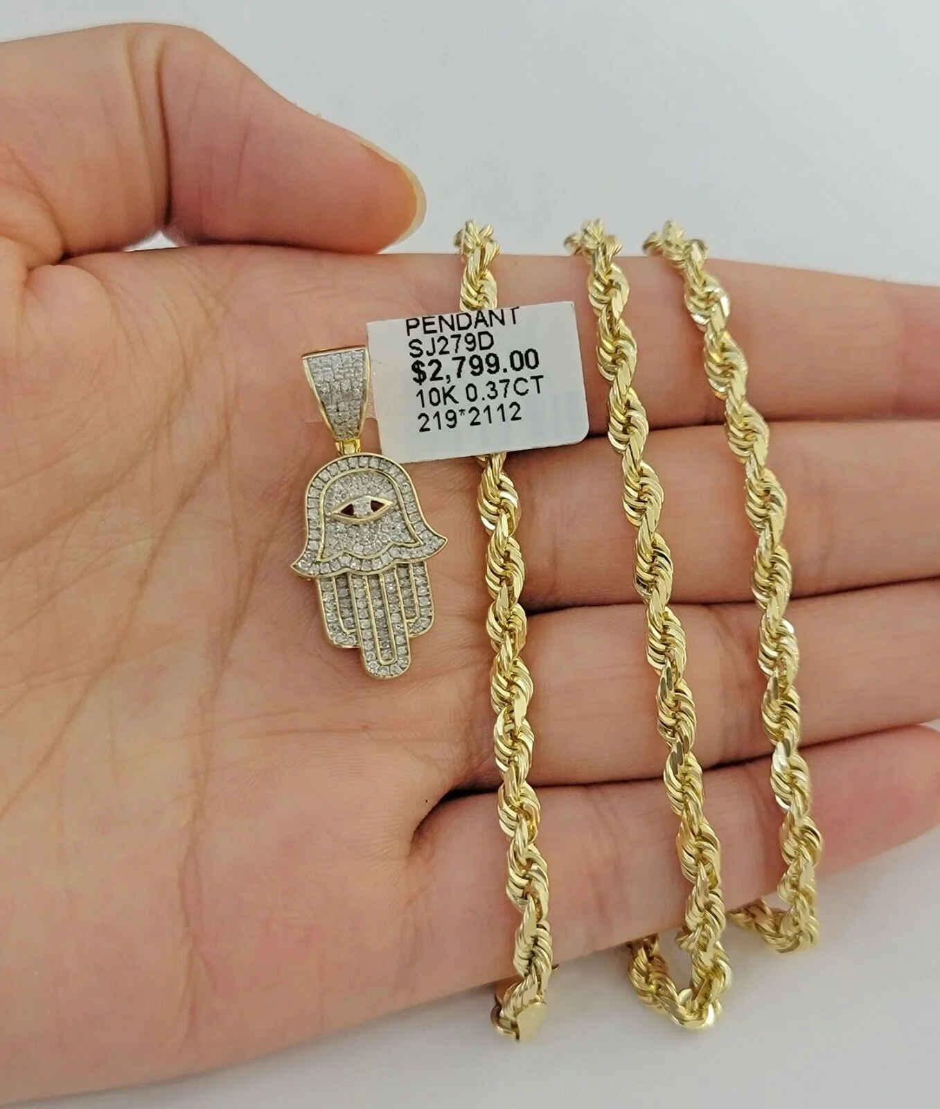 10k Gold Rope Chain necklace Hamsa Diamond Pendant Hamza Charm Necklace REAL - Image 2