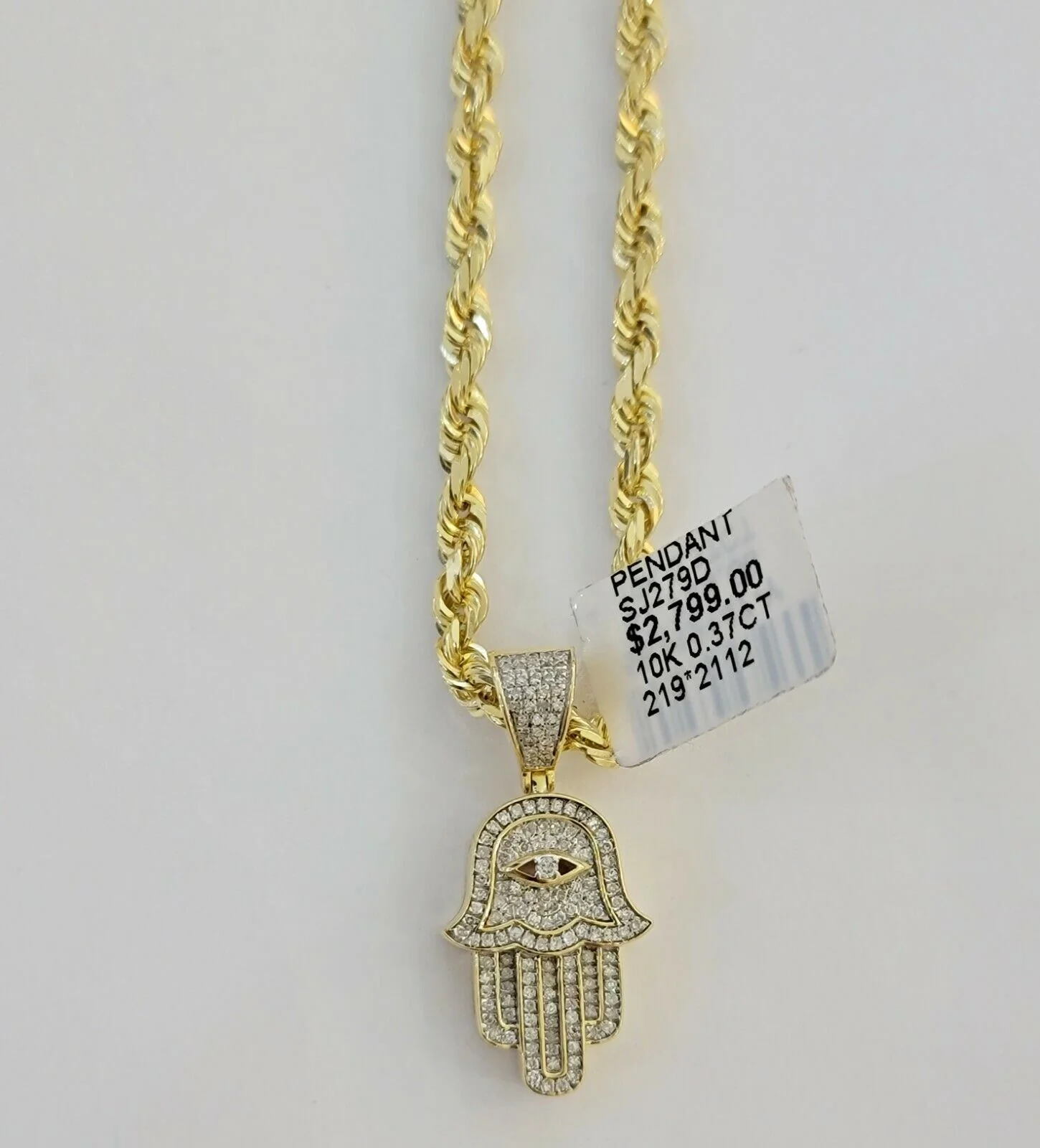 10k Gold Rope Chain necklace Hamsa Diamond Pendant Hamza Charm Necklace REAL - Image 7