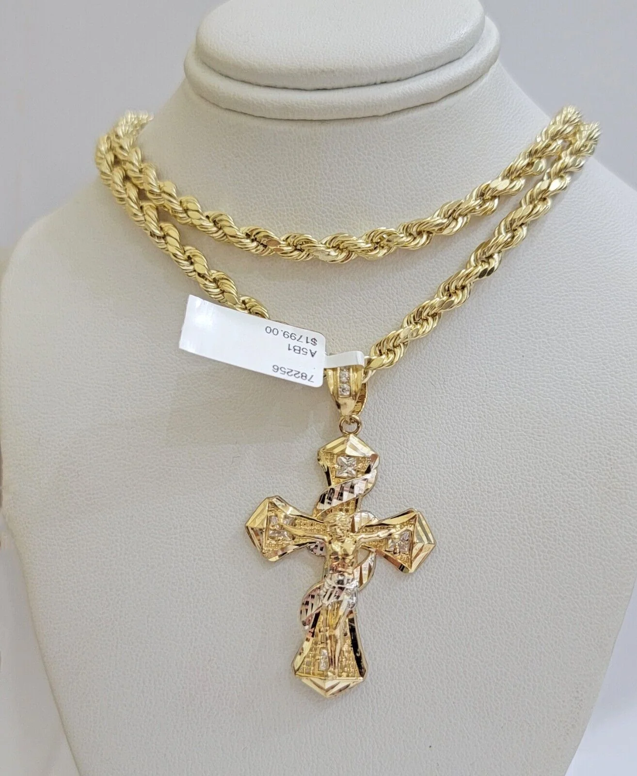 10k Gold Rope Chain Necklace Jesus Cross Charm Pendant Set 18-28" inch 5mm, REAL - Image 3
