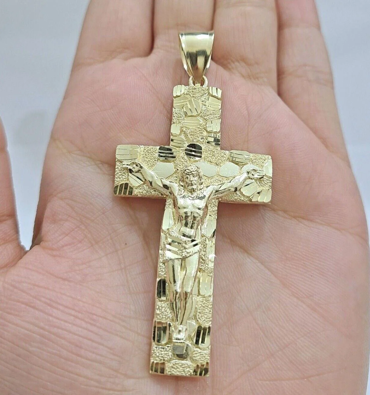 10k Gold Rope Chain Nugget Cross Charm Pendant Set 18-28 inch 3mm Necklace, REAL - Image 9