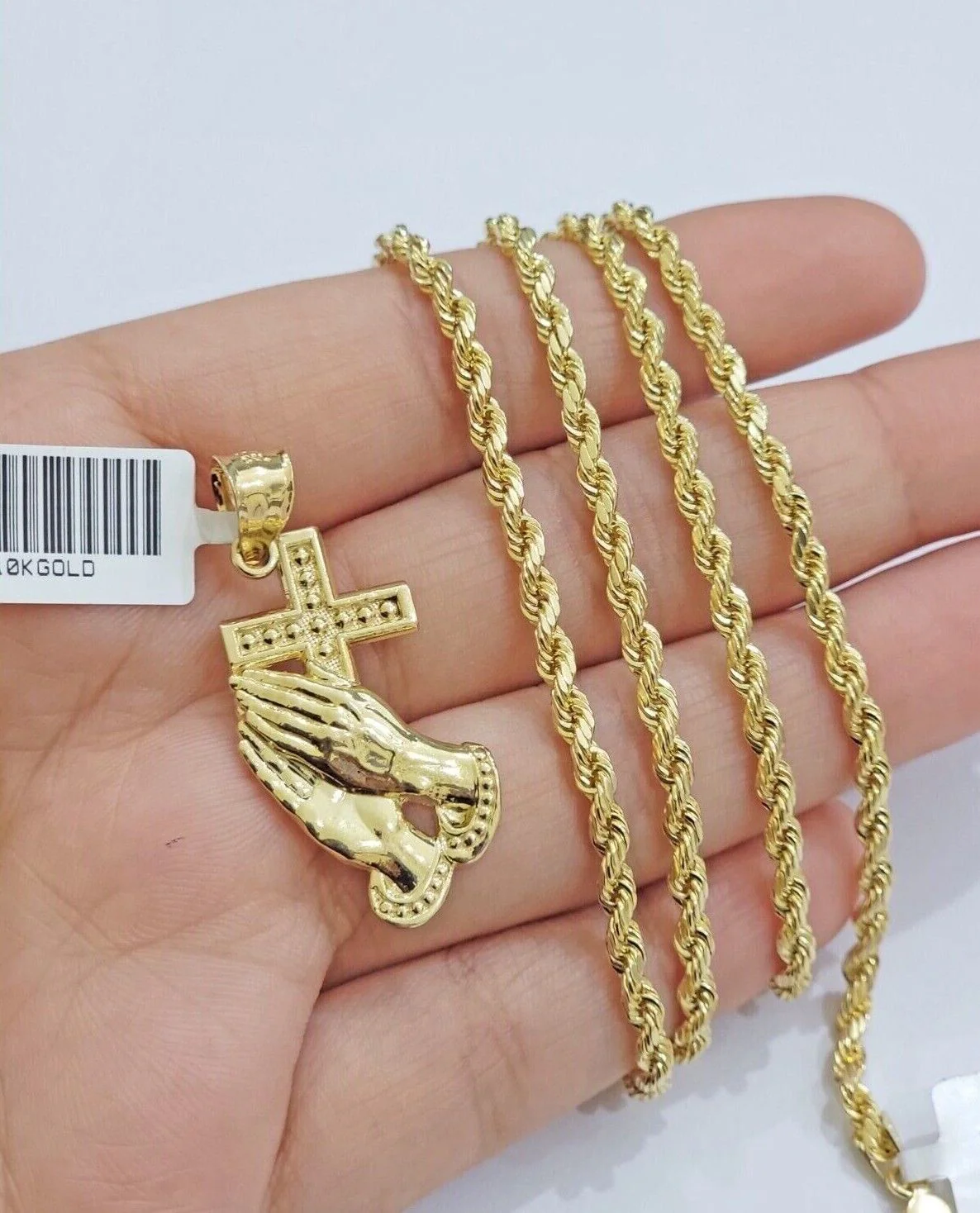 10k Gold Rope Chain Praying Hand Charm Pendant Set 22'' Inches 3mm Necklace REAL