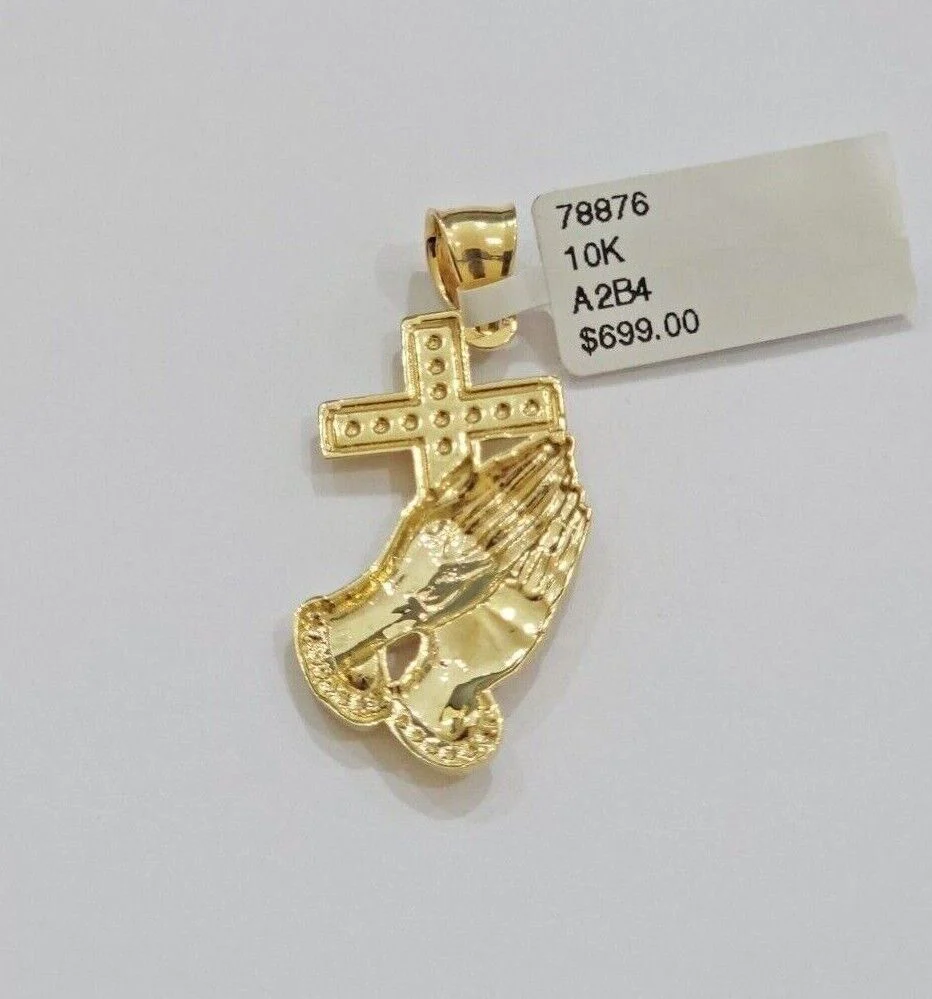 10k Gold Rope Chain Praying Hand Charm Pendant Set 22'' Inches 3mm Necklace REAL - Image 2