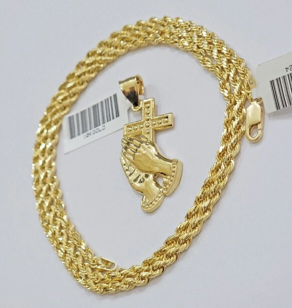 10k Gold Rope Chain Praying Hand Charm Pendant Set 22'' Inches 3mm Necklace REAL - Image 6
