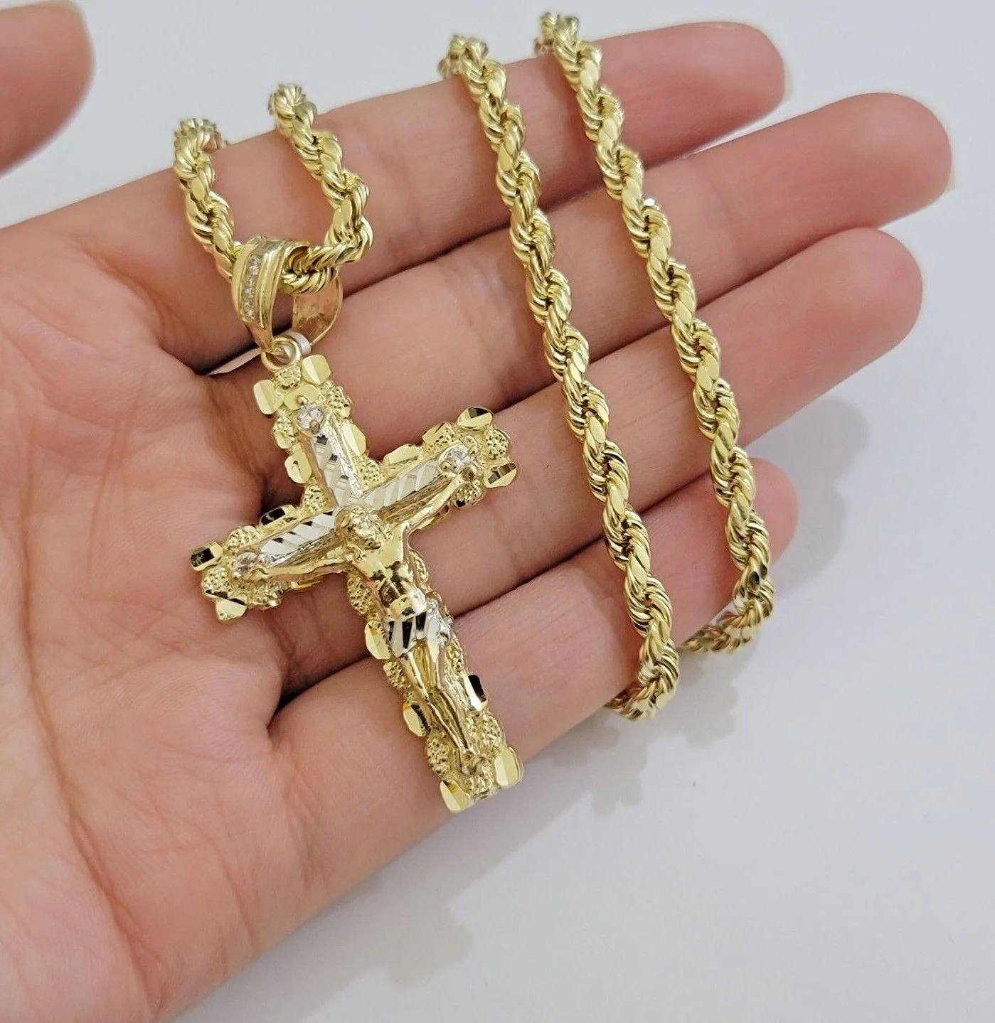 10k Gold Rope Necklace Jesus Cross Charm pendant SET 4mm chain 18"-28" REAL 10KT - Image 7