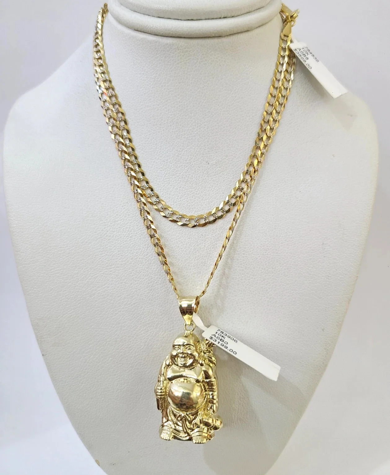 10k Gold Solid Cuban Curb Chain Laughing Buddha Pendant Charm 3mm Necklace