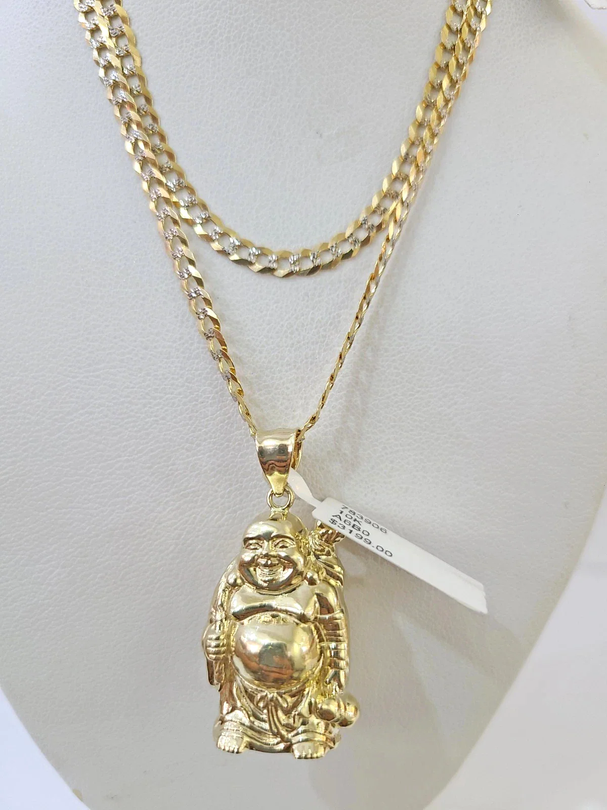 10k Gold Solid Cuban Curb Chain Laughing Buddha Pendant Charm 3mm Necklace - Image 3