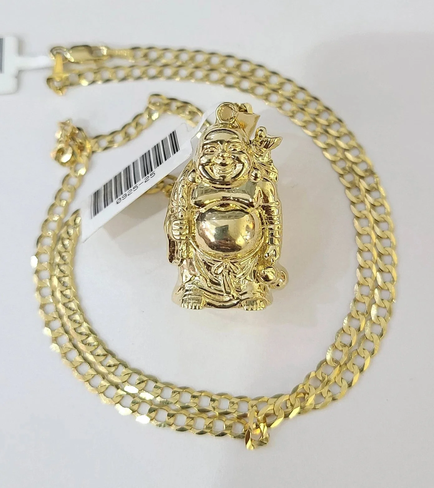 10k Gold Solid Cuban Curb Chain Laughing Buddha Pendant Charm 3mm Necklace