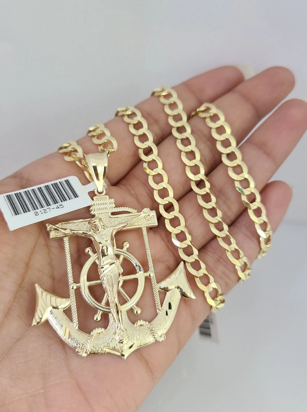 10k Gold Solid Cuban Curb Chain Necklace Jesus Anchor Pendant Set 6mm 20"-30" - Image 2